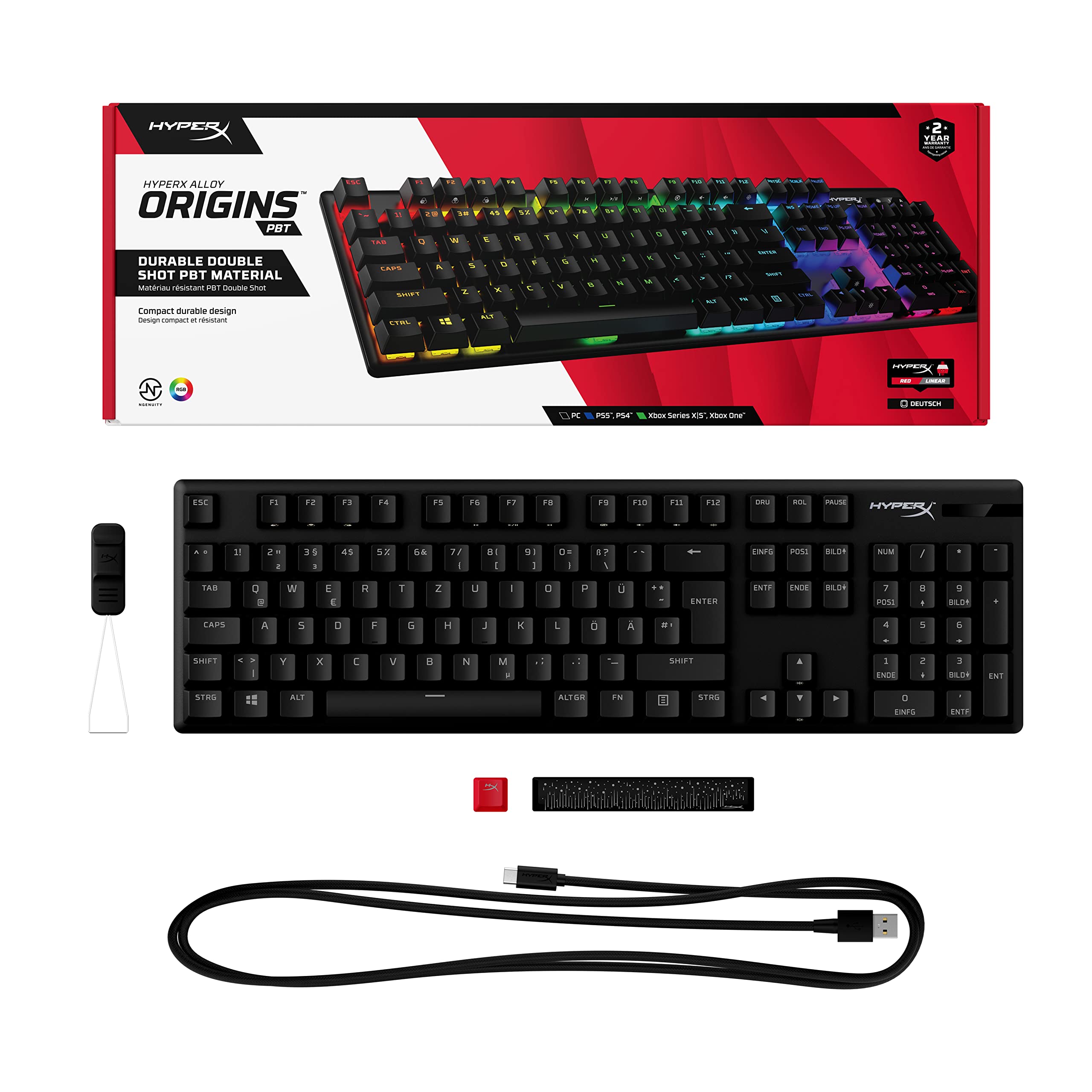 HyperX Alloy Origins PBT – mechaniczna klawiatura do gier, nasadki klawiszy PBT, klawisze RGB, HyperX mechaniczne przełączniki, przełączniki, kompaktowa, przenośna, wytrzymała obudowa aluminiowa,