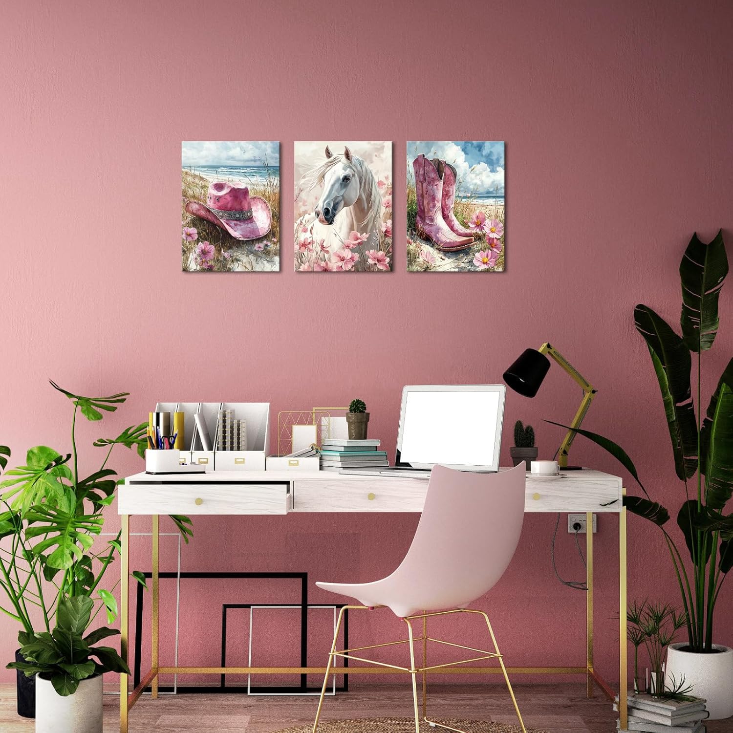 LyerArtork 3 Pieces Pink Western Wall Art Canvas Prints Coastal Cowgirl Room Decor Flower Horse Hat Boots Pictures Trendy Preppy Girls Dorm Bedroom Aesthetic Painting Wall Decor 12x16inchx3 - Image 5