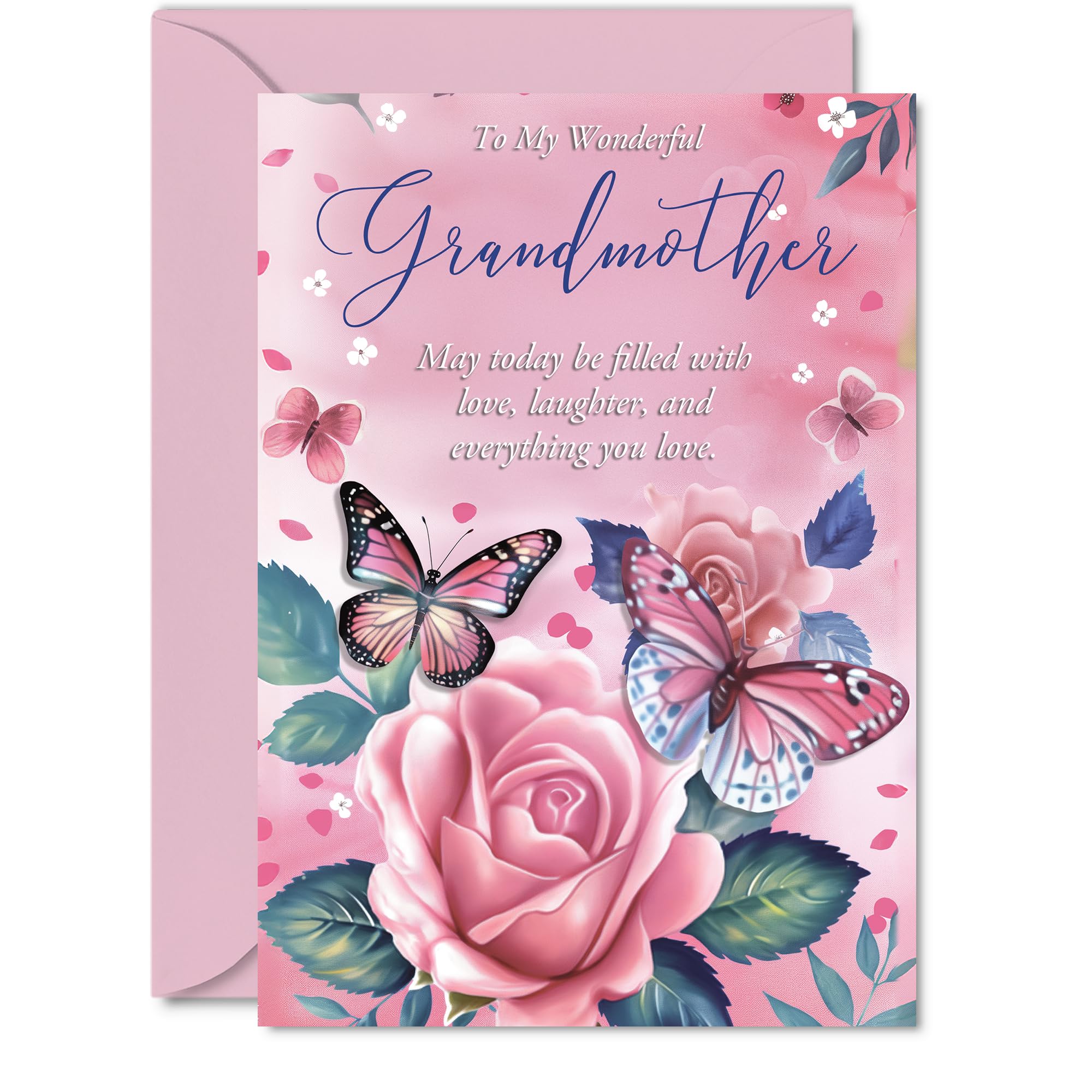 Grandmother Birthday Card - Pink Rose Butterfly - Beautiful Happy Birthday Card for Grandmother from Granddaughter Grandson, 5x7 Inch Female Floral Bday Mothers Day Greeting Cards