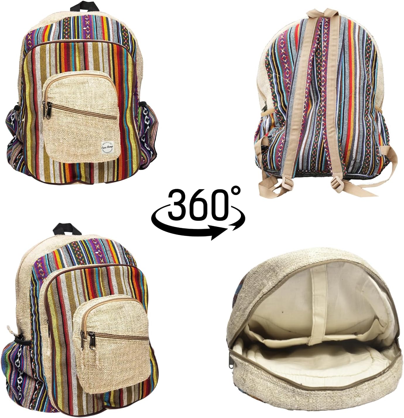Large Boho Hippie Hemp Backpack - Lightweight Multi-Pocket Bookbag for College, Travel, and Hiking, Fits up to 15.6" Laptop, For Men and Women - Image 3