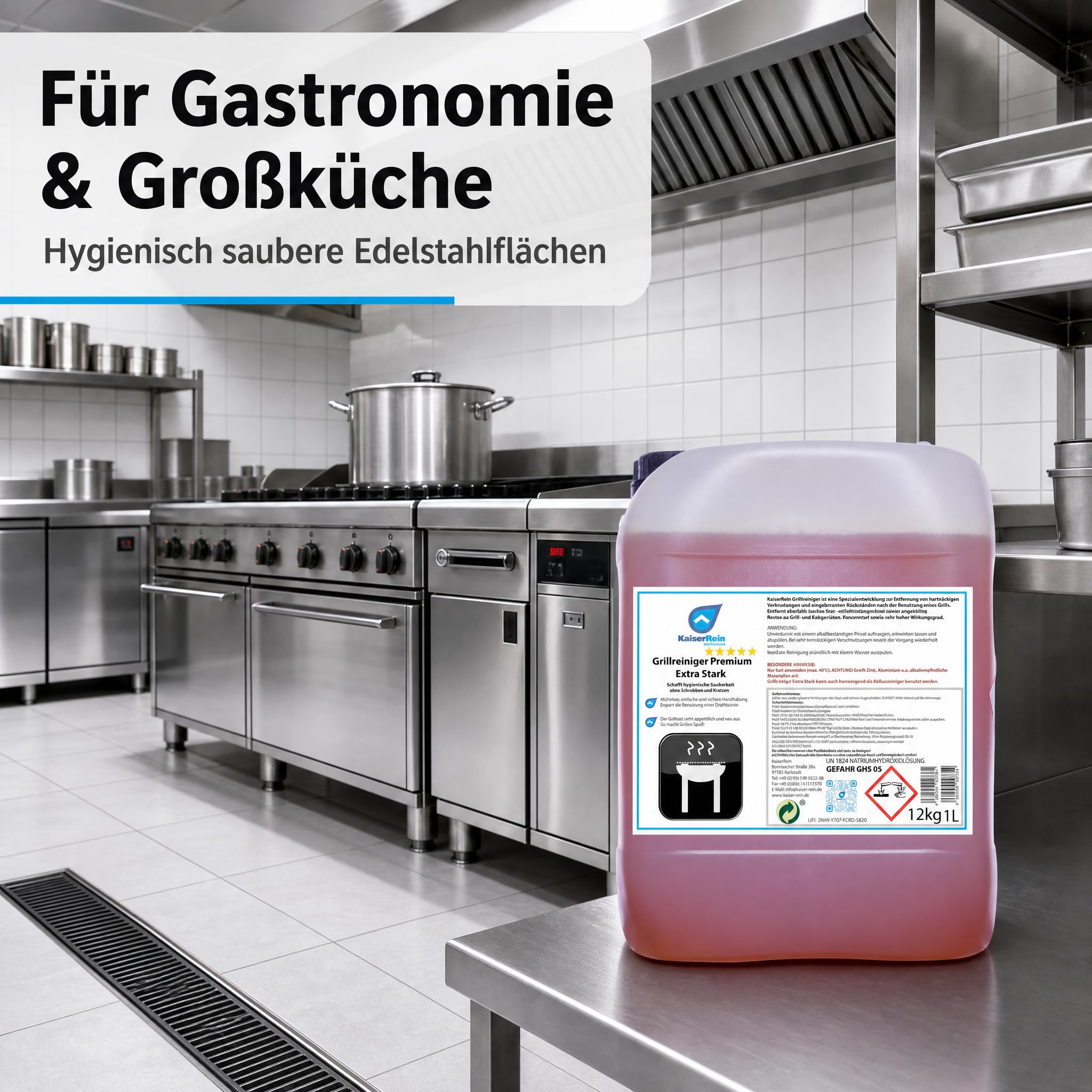 KaiserRein Grillreiniger Premium Extra Stark, Konzentrat im 10 L Kanister, Backofenreiniger für Gastronomie, Krustenlöser für Grillrost, Konvektomat und Fritteuse, kalt anwendbar, Made in DE