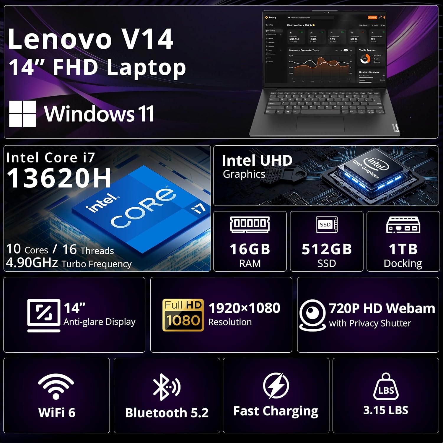 Lenovo V14 G4 14" FHD Business Laptop, Intel 10-Core i7-13620H (up to 4.9GHz), 16GB RAM, 1.5TB Storage (512GB SSD+1TB Docking Station), ‎Intel UHD Graphics, HD Camera, Wi-Fi 6, Windows 11, Black image 3