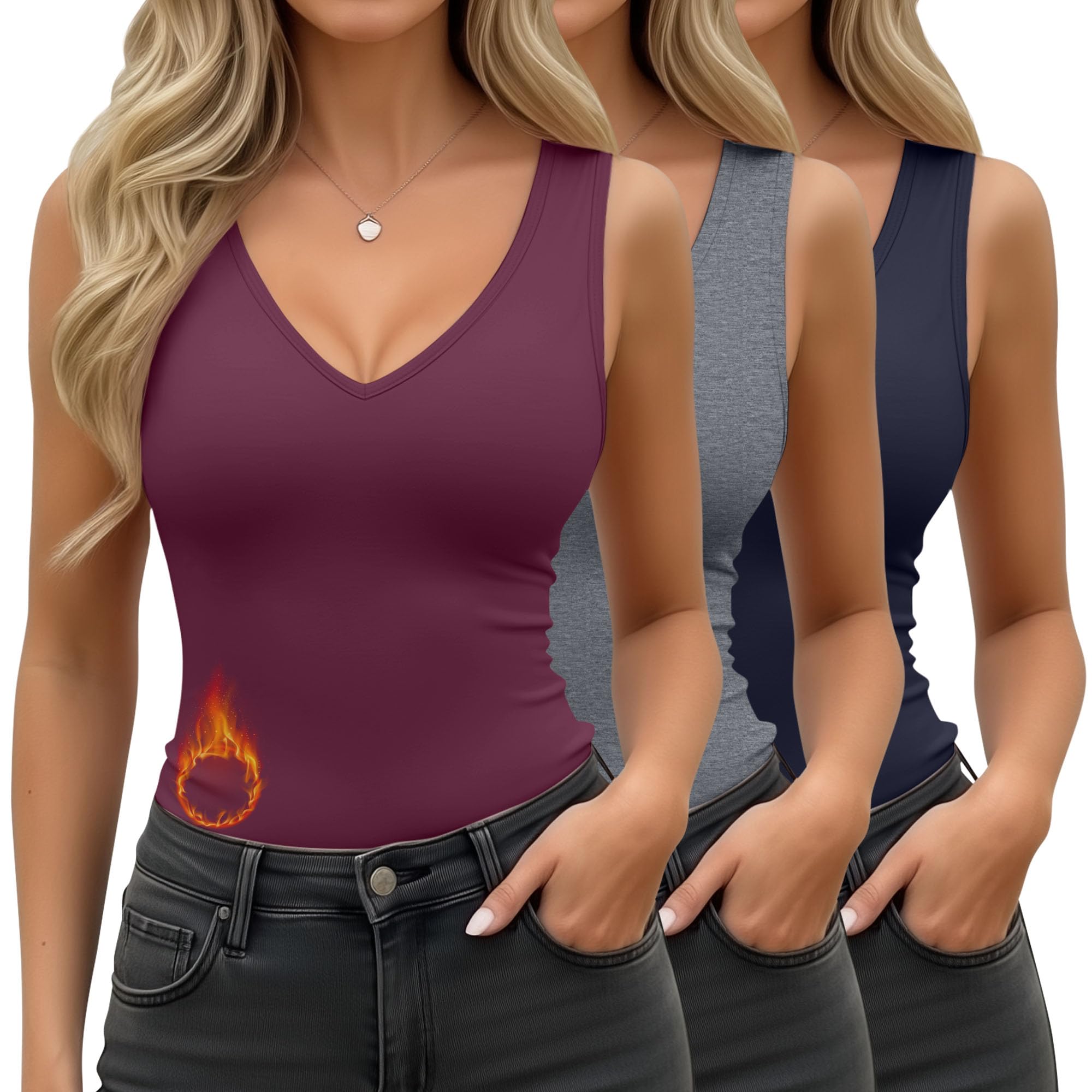 3 Pcs Women's Thermal Tank Tops Fleece Lined Sleeveless Underwear Vest Reversible U/v Neck Warm Base Layer Camisole