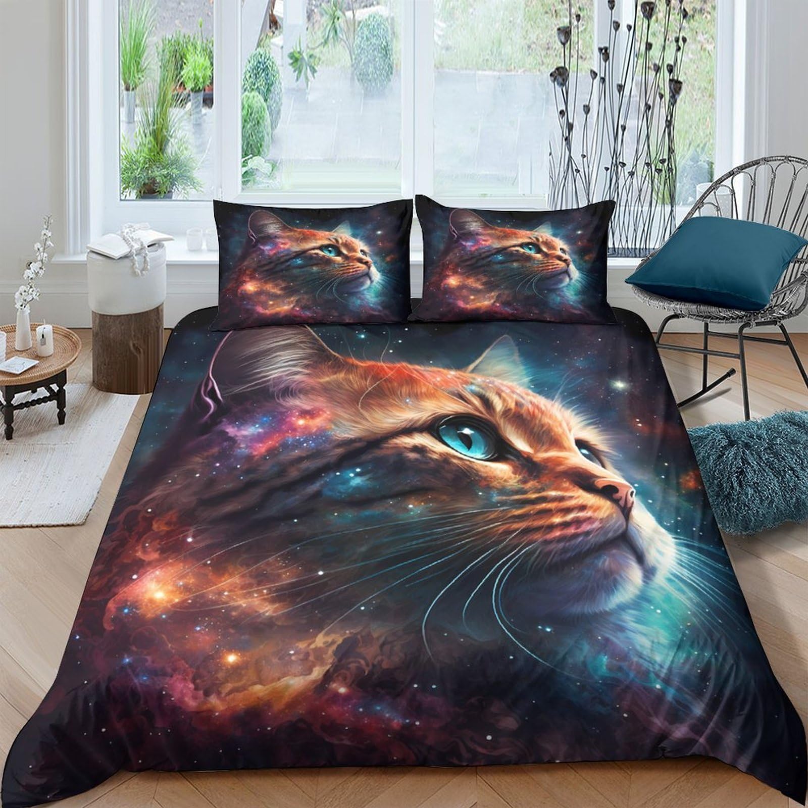 Ctjqhvkz Style-9 3D Printed Galaxy Cat Fitted Sheet Microfiber Soft Breathable Cosmic Nebula Mattress Cover For Bedroom Decor Single（135X200cm）
