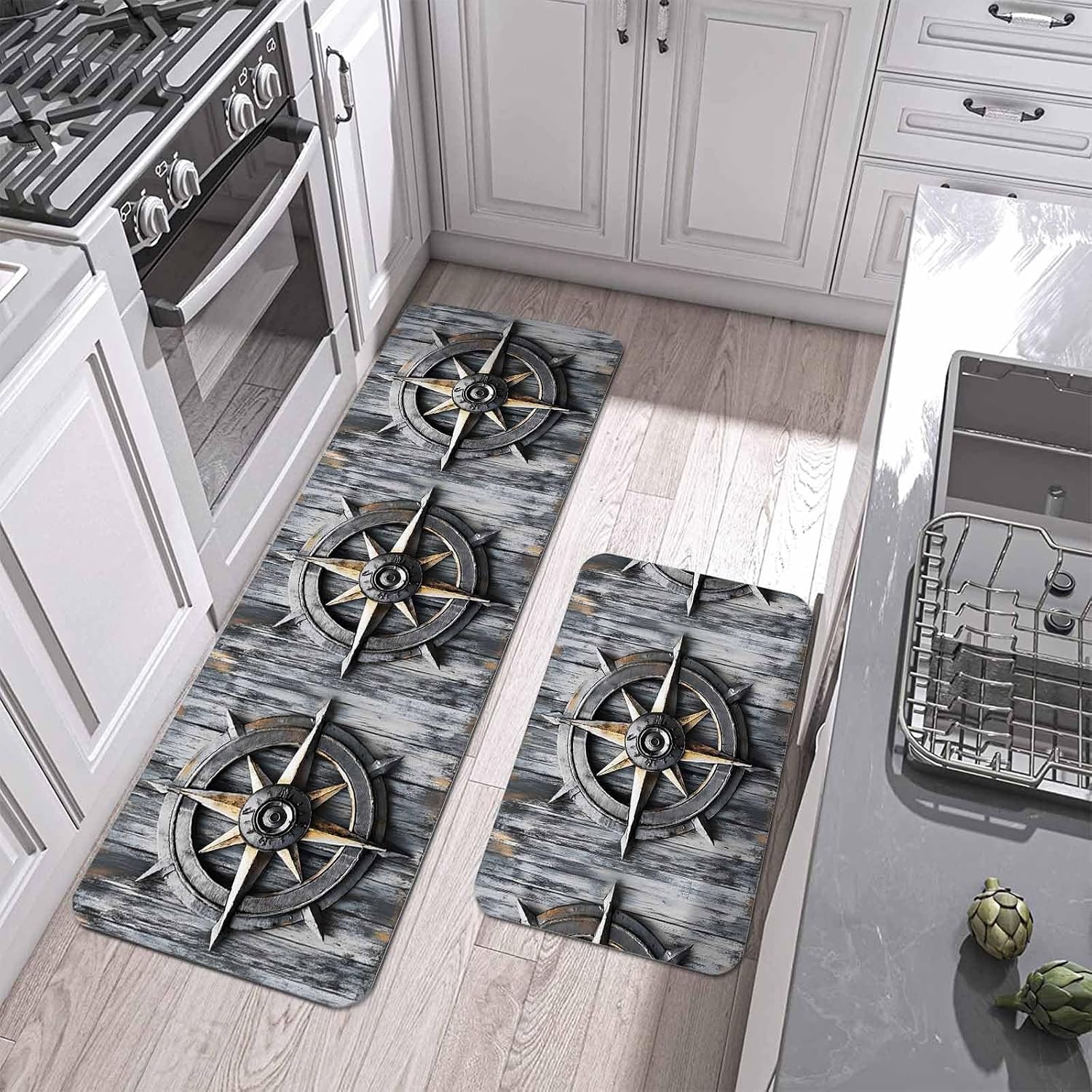 Prime Leader Nautical Compass Kitchen Mat Set 2 Pieces Vintage Compass Directions Non Slip Kitchen Rugs Washable Runner Rug Mats for Sink Laundry (19.7" x 31.5"+19.7" x 47.2")