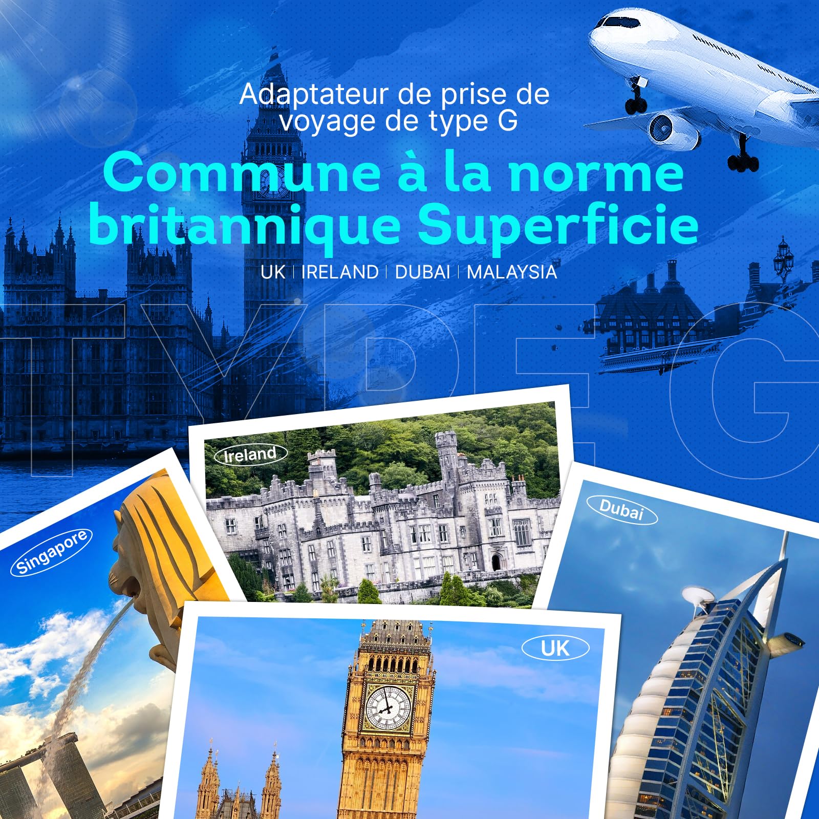 Adaptateur Prise Anglaise Type G avec 1 USB et 1 Type-C pour Royaume-Uni Irlande