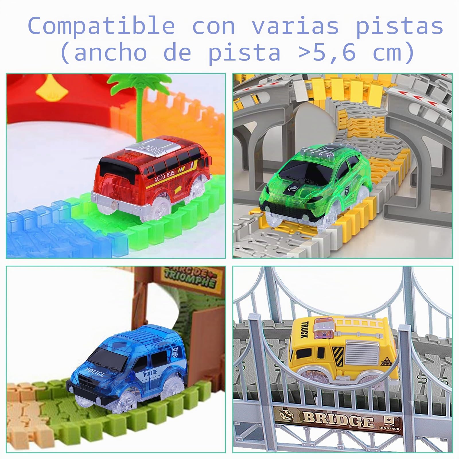Coches Para Niños Mágicos Que Brillan en la Oscuridad - Paquete de 4 Autos de Pista Con Accesorio Compatible Con La Mayoría de Las Pistas - Para Edades 2-8 Años