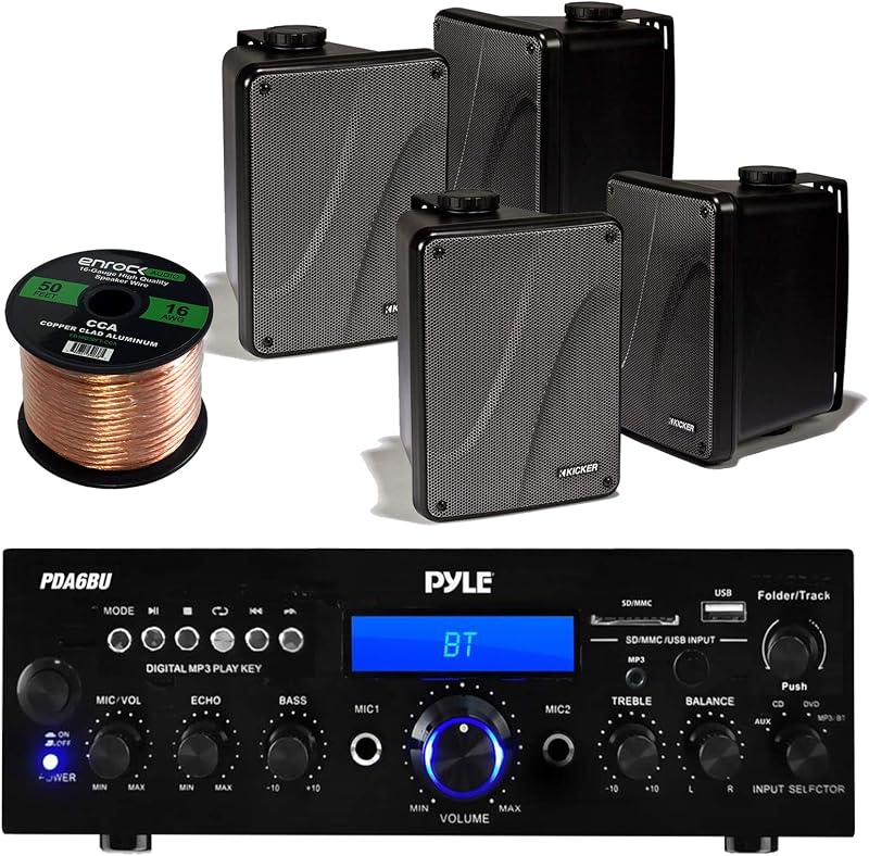 Pyle PDA6BU Bluetooth Radio USB AUX Amplificador Receptor estéreo Paquete con 4x Kicker KB6000B 6.5" parlante impermeable de rango completo + 1x Cable de parlante Enrock 50ft 16g