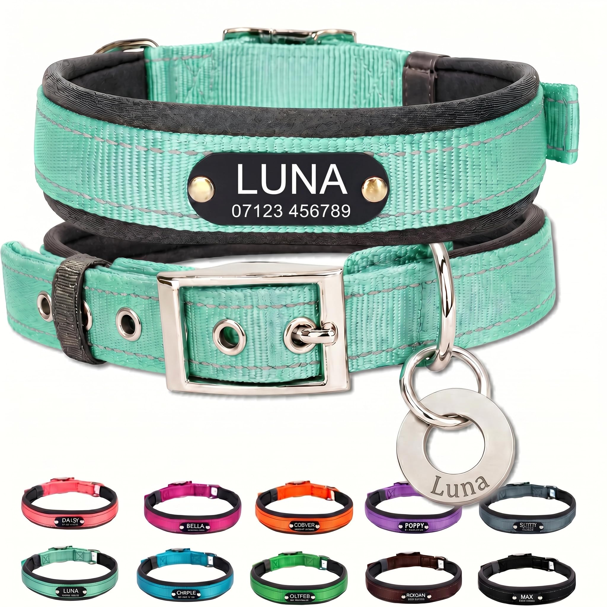 Personalised Nylon Dog Collar with Deep Engraved Name Plate - Reflective Collar UK Dispatched with Custom ID Tag Padded Anti-Chafe Design Name & Phone Number Durable Pet Collar for All Breeds — image 1
