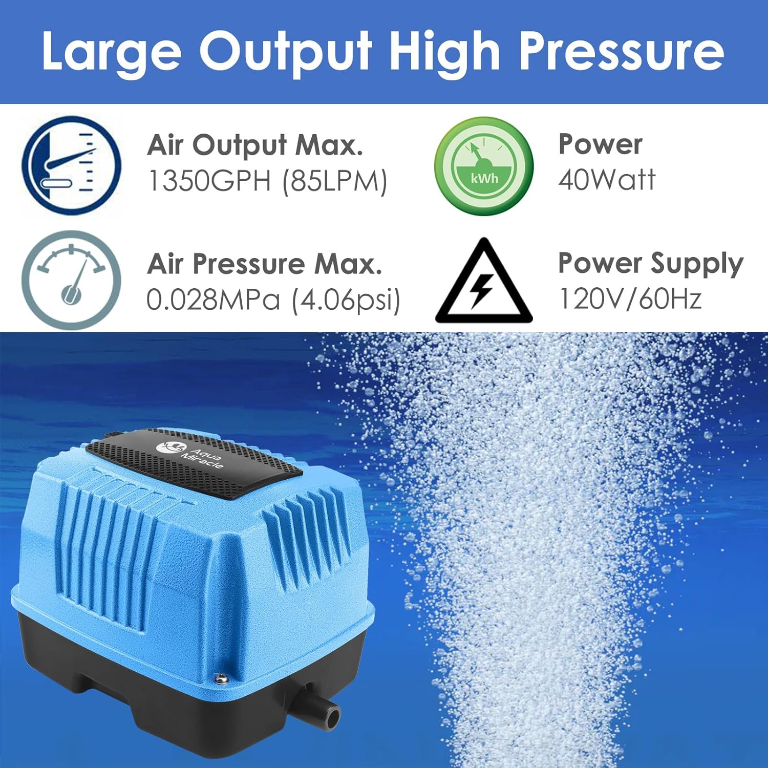 aquamiracle super powerful linear air pump ap-40/ap-60/ap-80 pond aerator, septic air pump, hydroponic air pump, koi pond air pump 635/950/1350gph, for waste treatment, fish farm, seafood restaurant