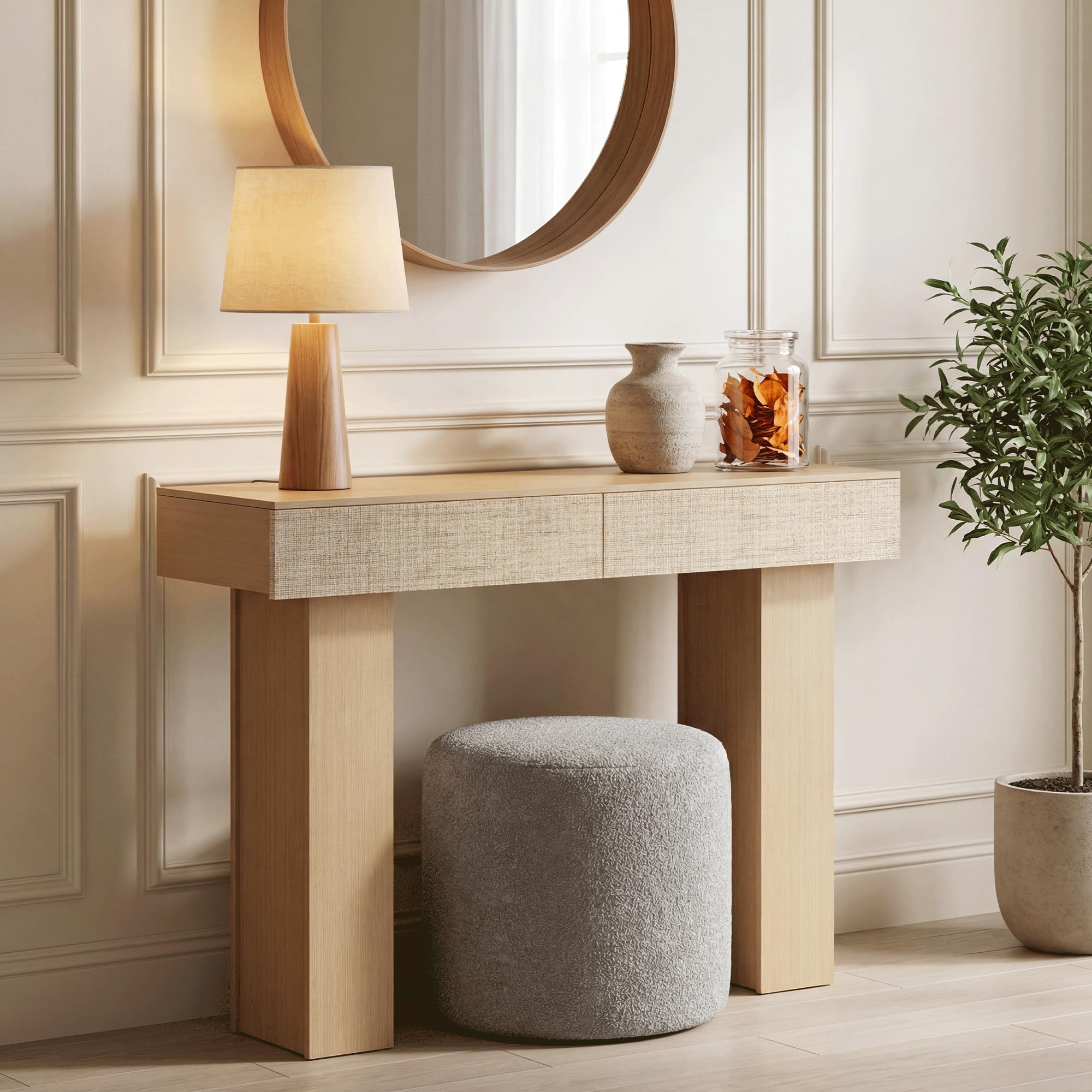 Consolle con 2 Cassetti in Rattan, 114 cm Tavolo Divano Moderno con Ripiano, Struttura in Legno Ingenierizzato per Ingresso, Soggiorno e Corridoio