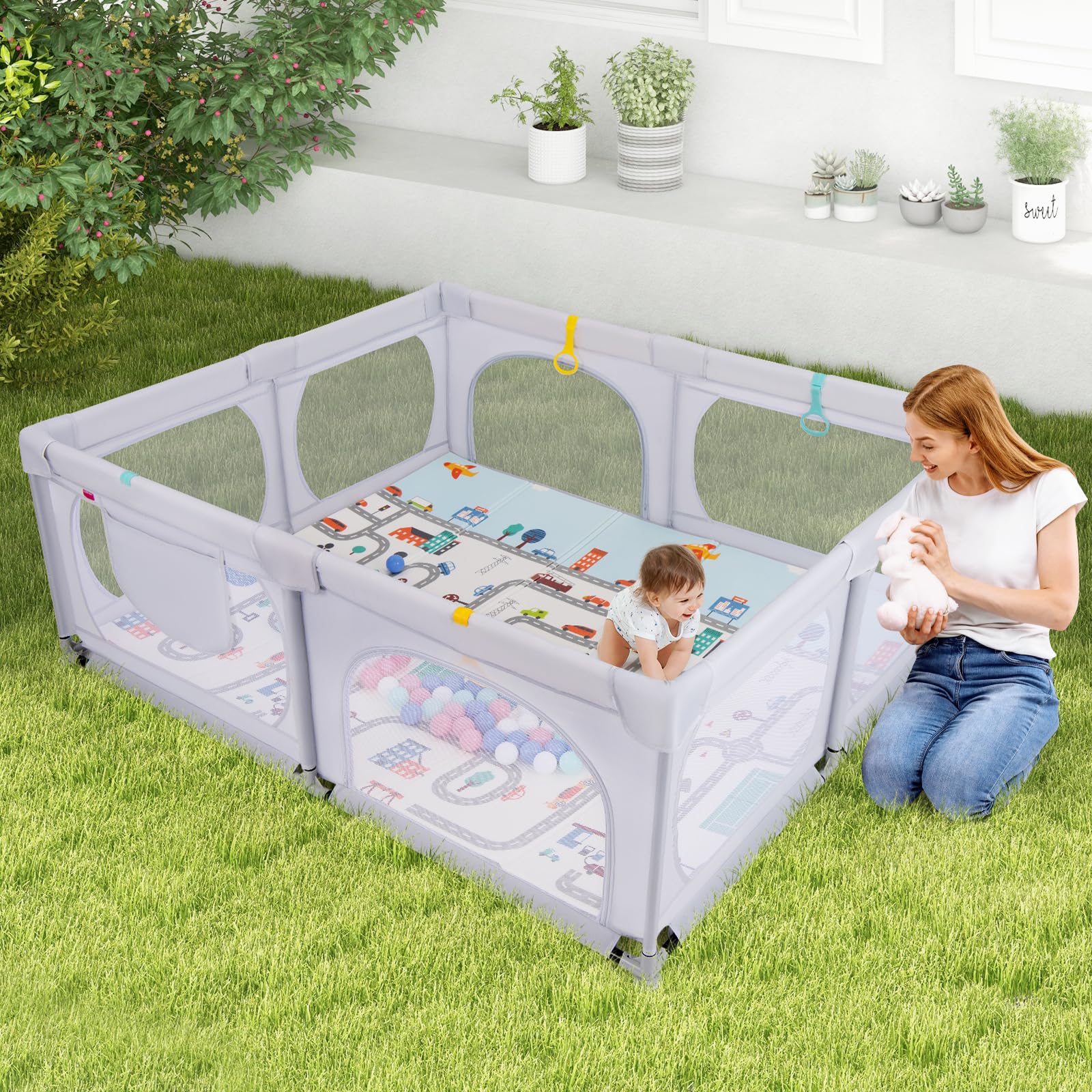 COSTWAY Box per Bambini con Materassino, Recinto per Bambini con 4 Anelli e 50 Palline Colorate, Rete Traspirante, Tasca e Borsa, Box Giochi per Bambino 0-3 Anni (Grigio Chiaro, 189 x 158 cm)