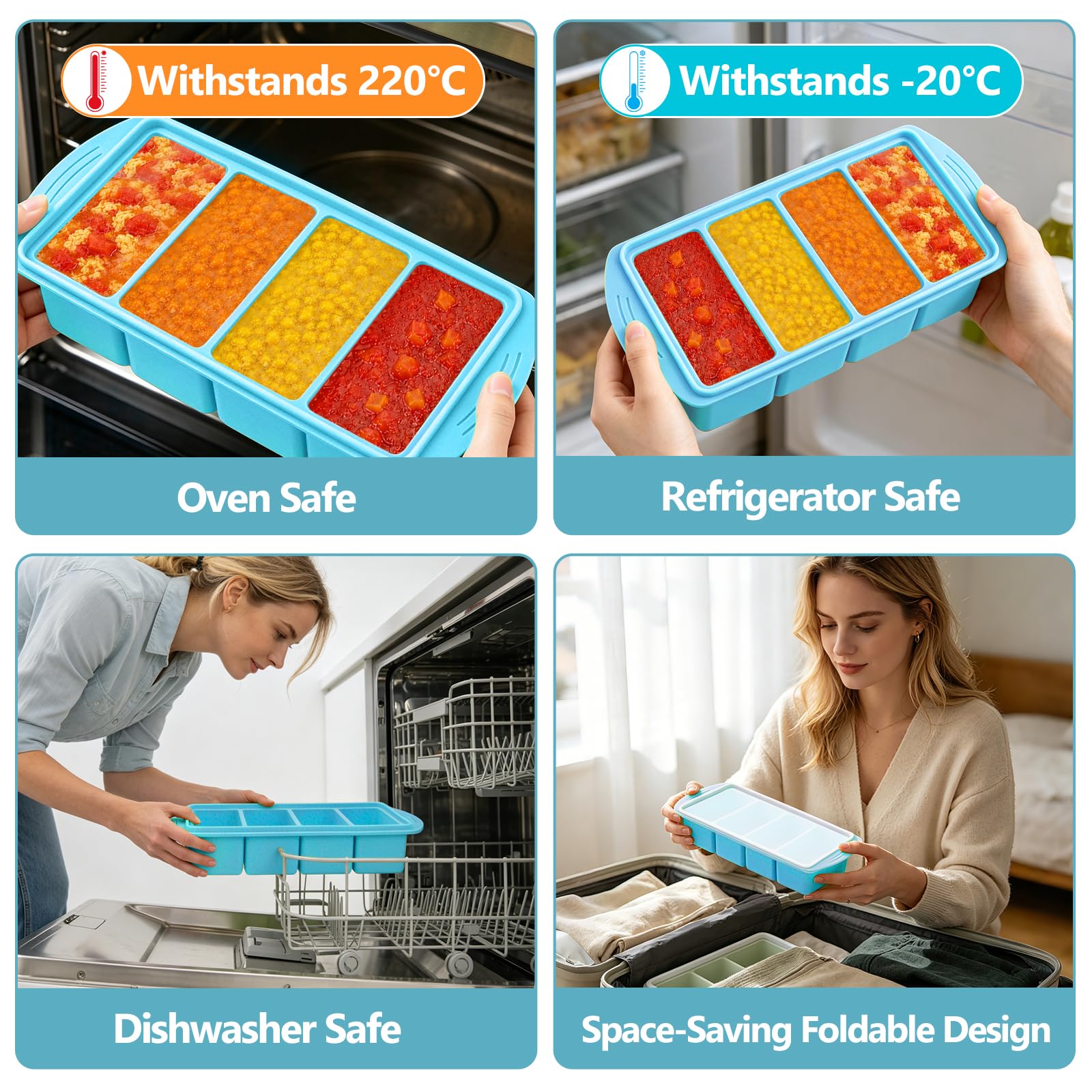 Paquete de 2 bandejas de silicona azul para congelador con tapa, cubos grandes para congelador, 4 compartimentos profundos, 125 ml, 250 ml, recipientes apilables para almacenamiento de alimentos