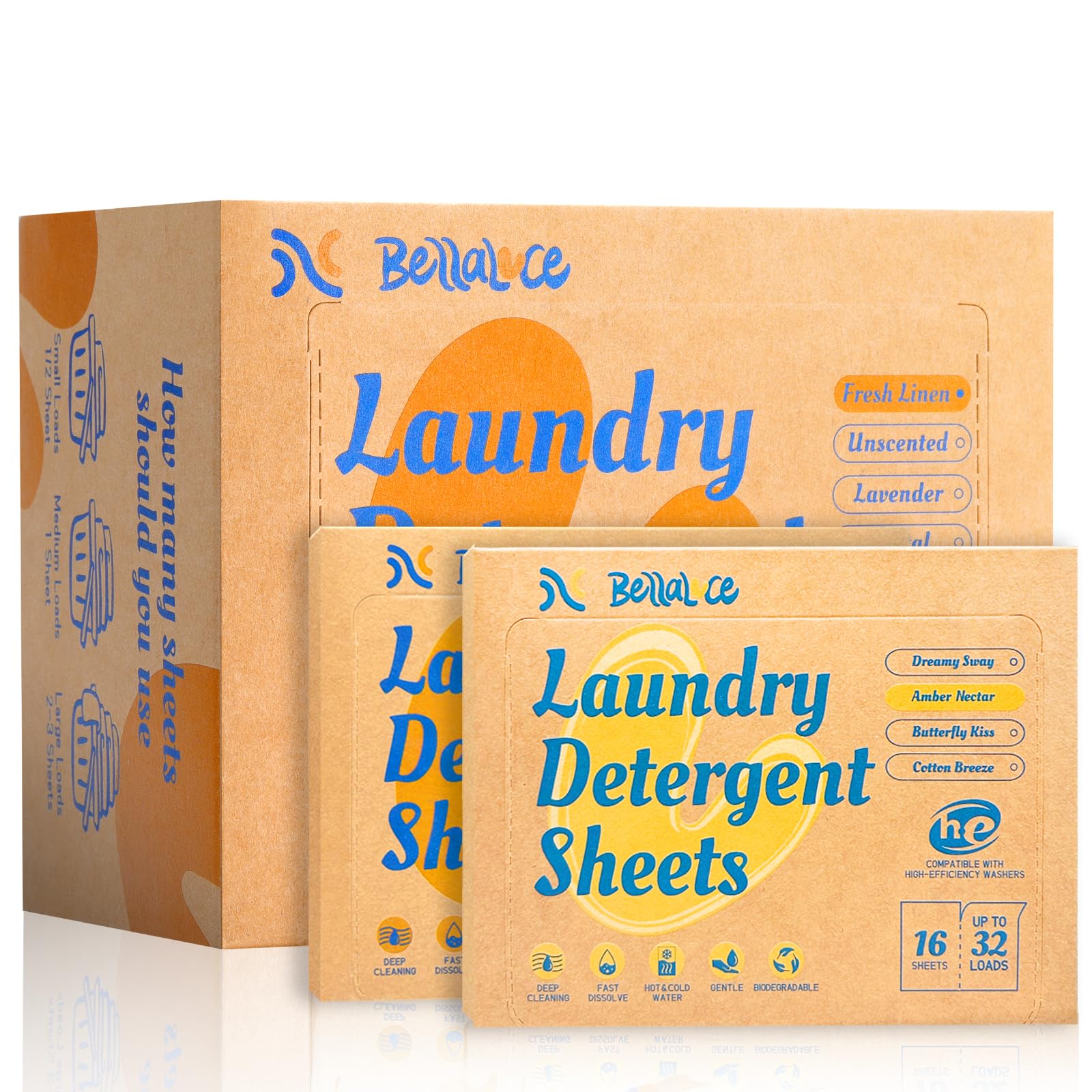 BellaLuce Laundry Detergent Sheets: 1 Home Size (240 Loads, Fresh Linen) &amp; 2 Travel Size (32 Loads, Fresh Linen &amp; Amber Nectar) | Portable for College, Dorm, Hotel, Family