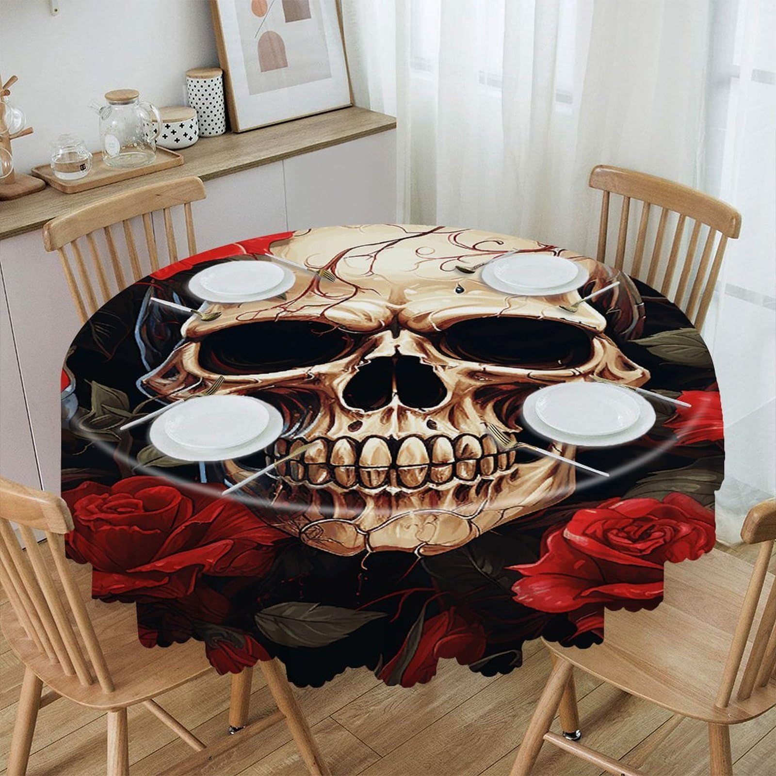 VstaDank Skull Rose-Red Round Tablecloth Premium Polyester Table Cloth Heavy Duty Washable Fabric Tablecloth Waterproof Holiday Table Cover Decorative Tablecloths for Dining 60"