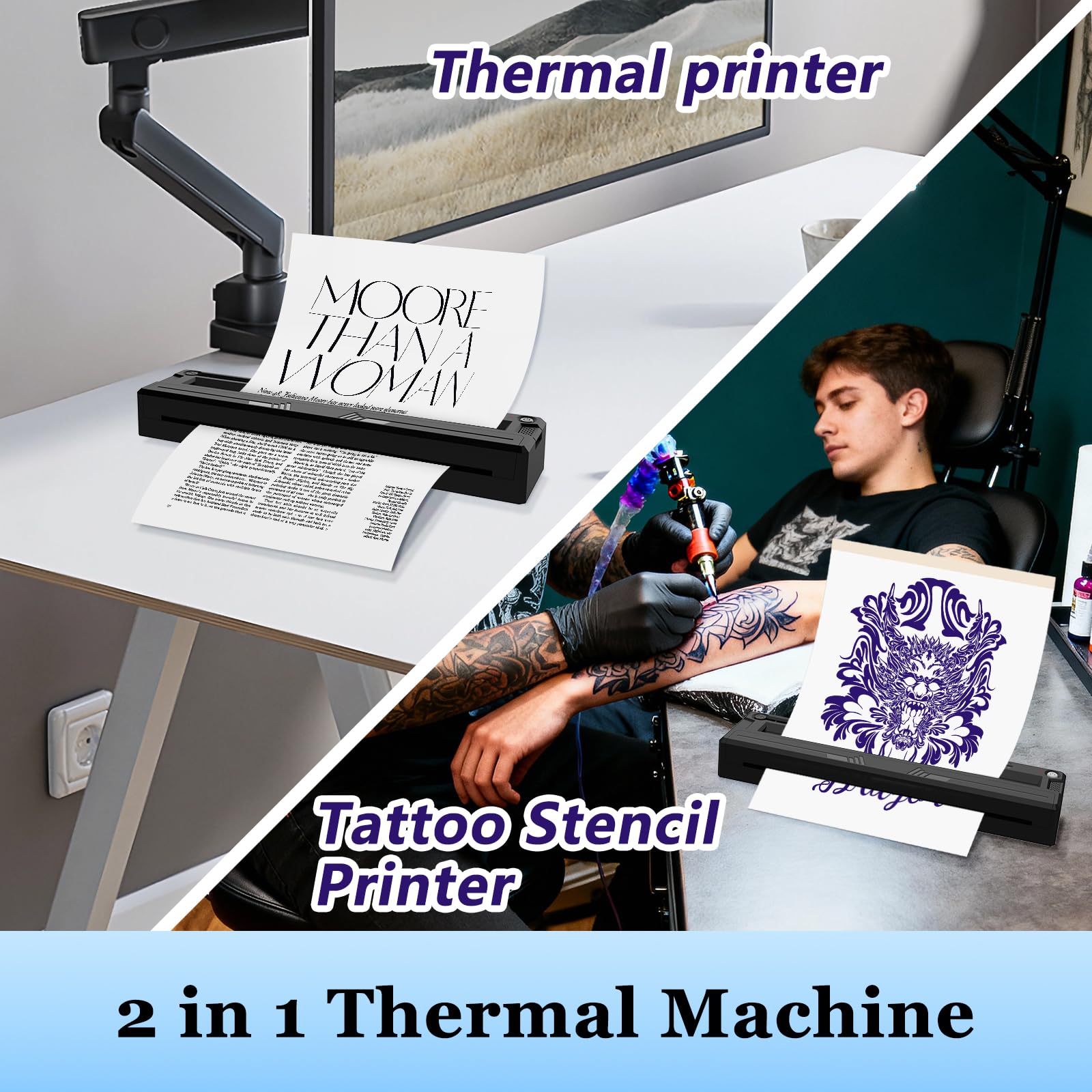 Thermocopieur Tatouage Bluetooth, Imprimante Thermique Stencil Transfert Machine à tatouer avec 10pcs Papier Stencil Transfert Tatouage+Papier Thermique A4 pour débutants et Artistes