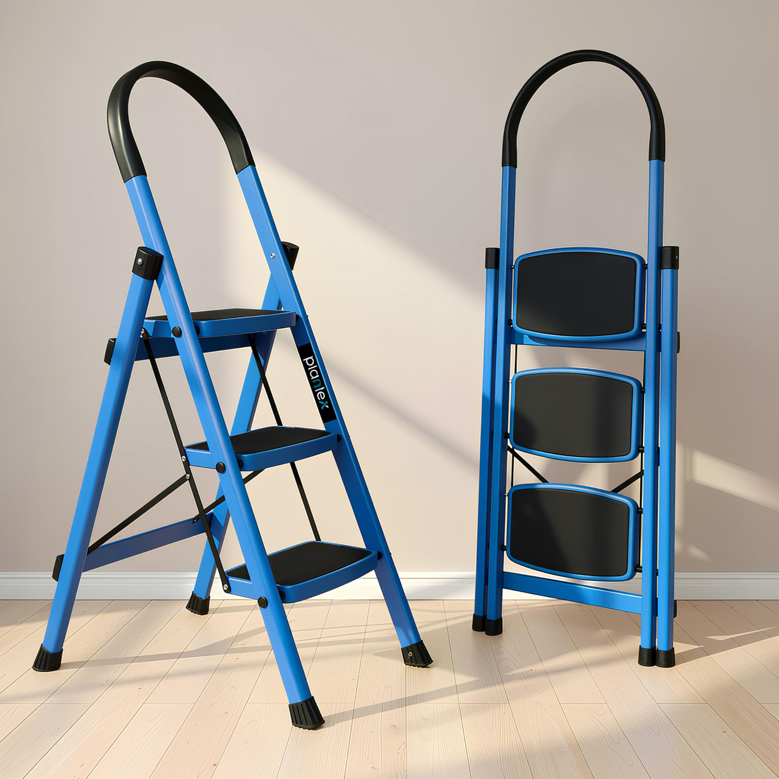 Plantex Premium 3 Step Steel Ladder for Home/Heavy Duty Foldable Stool with Wide Anti-Skid Steps/Portable Multipurpose Ladder/5 Year Warranty (Blue & Black)