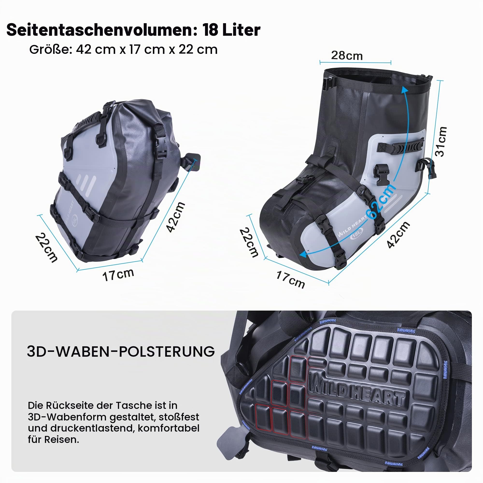 WILD HEART Motorrad Satteltaschen Wasserdicht (18L*2) Seitentasche Kompatibel mit den meisten Motorradträgern, Abenteuer、Straße、Sport(EIN Paar) (Schwarz)