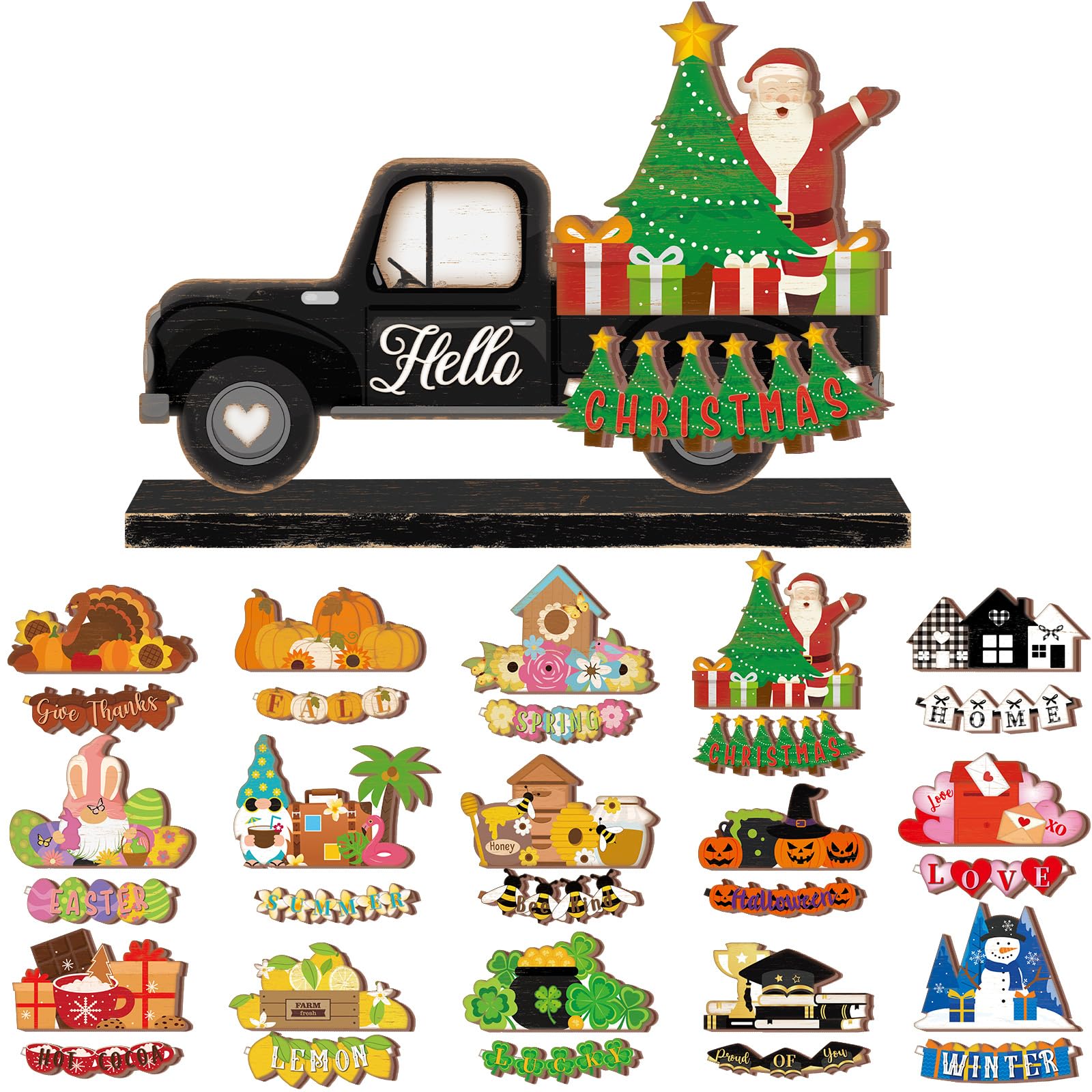 34 Pcs Small Interchangeable Truck Decor Holiday Seasonal Sign Fall Halloween Tier Tray Decoration Farmhouse Rustic Wooden Home Office Welcome Ornament Gift
