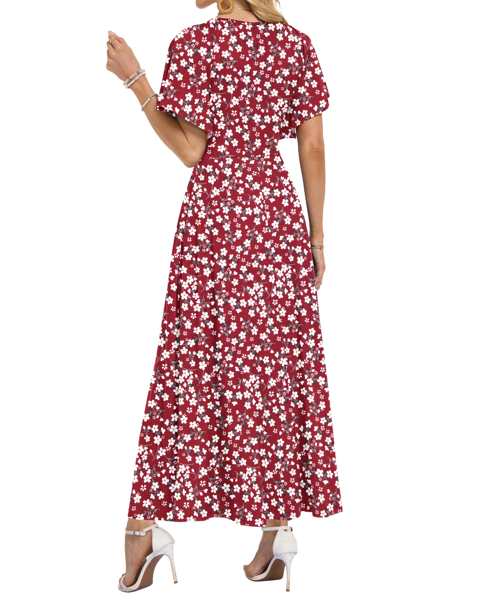 WNEEDU Robes d'été pour Femme Robe Longue à col en V Profond Robe Portefeuille élégante avec Poches