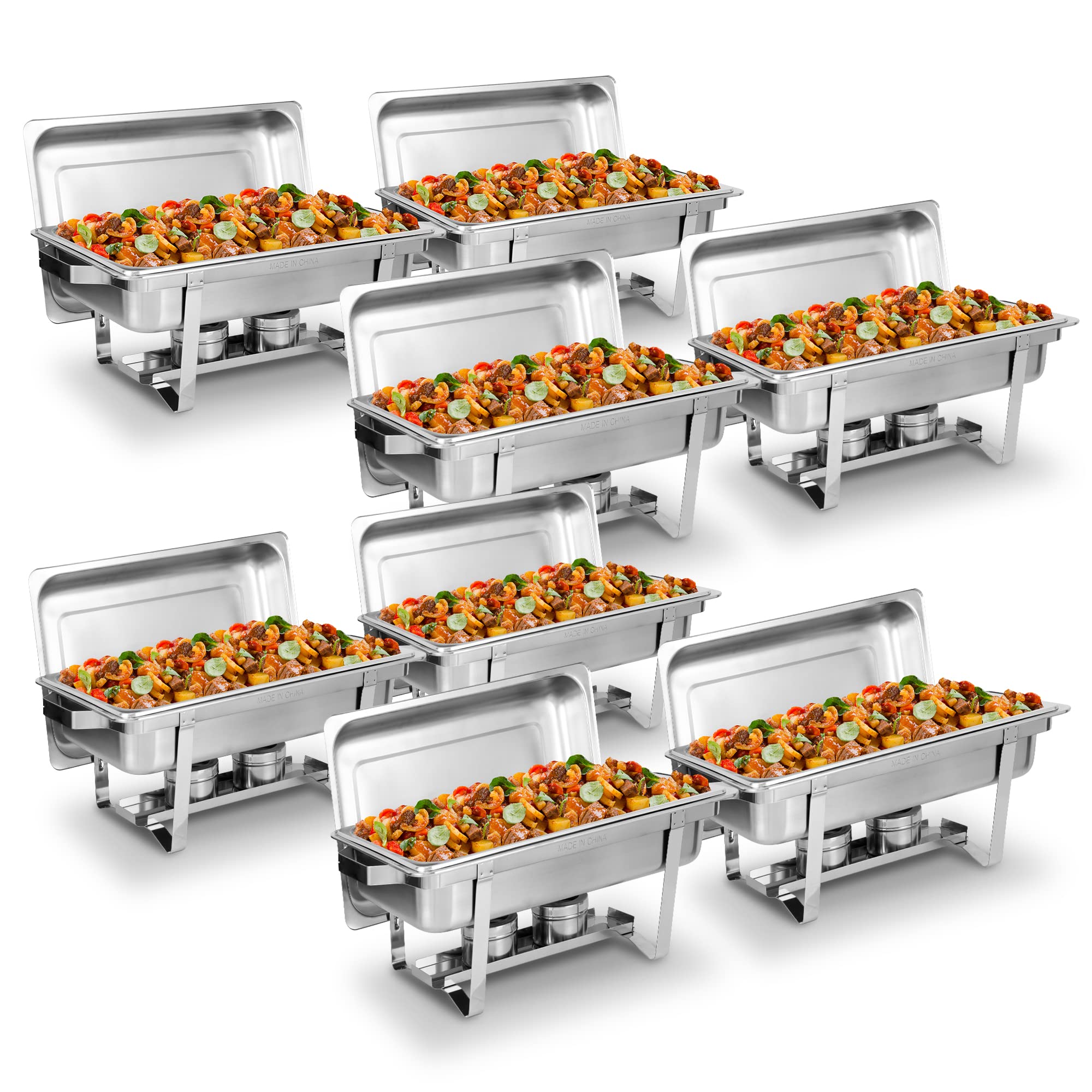 SUPER DEAL Upgaded 8 Qt Stainless Steel 8 Pack Full Size Chafer Dish with Water Pan, Food Pan, Fuel Holder and Lid For Buffet Weddings Parties Banquets Catering Events