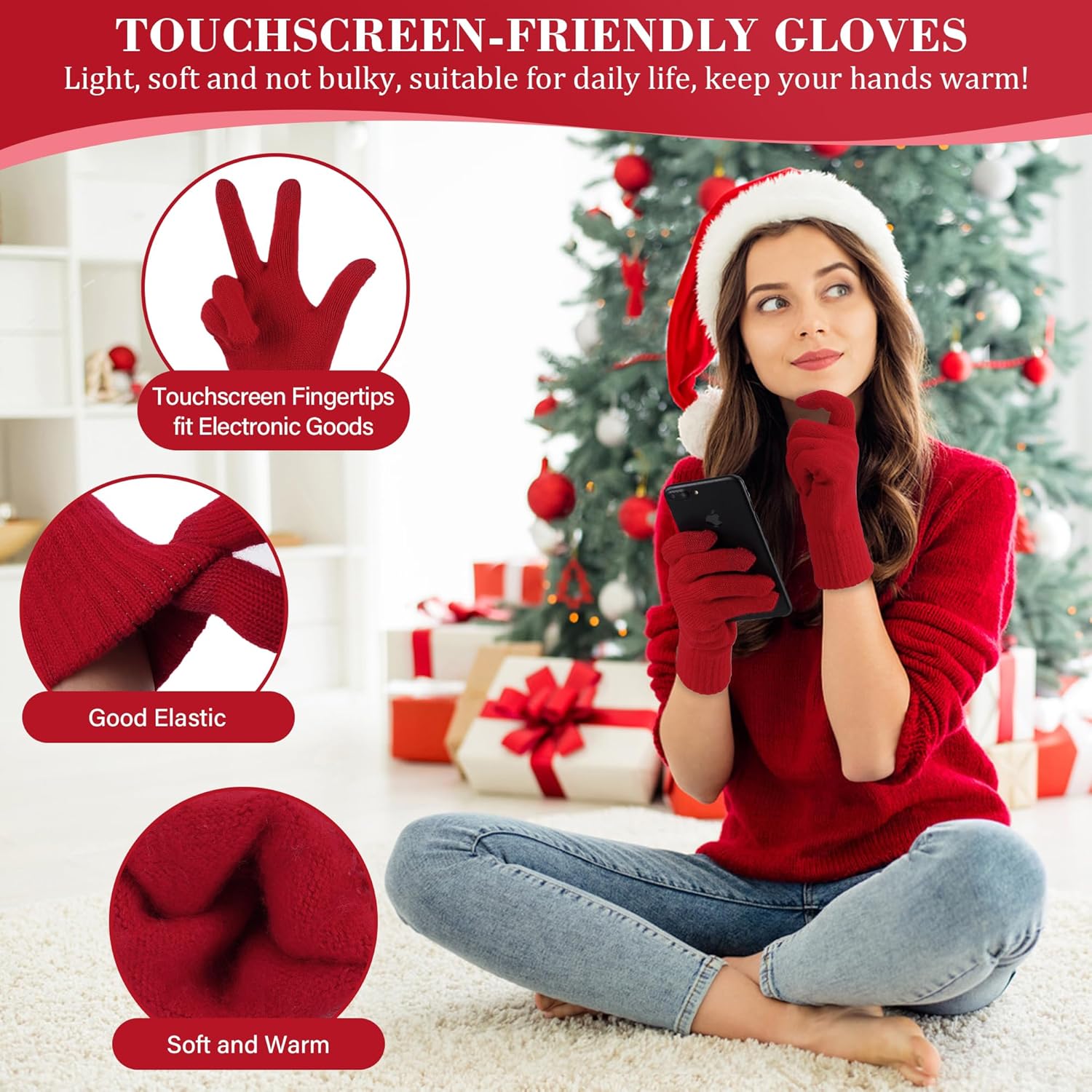 Womens Winter Beanie Hat Touchscreen Gloves Long Neck Scarf Set Warm Knit Caps with Pom Fleece Gifts for Women