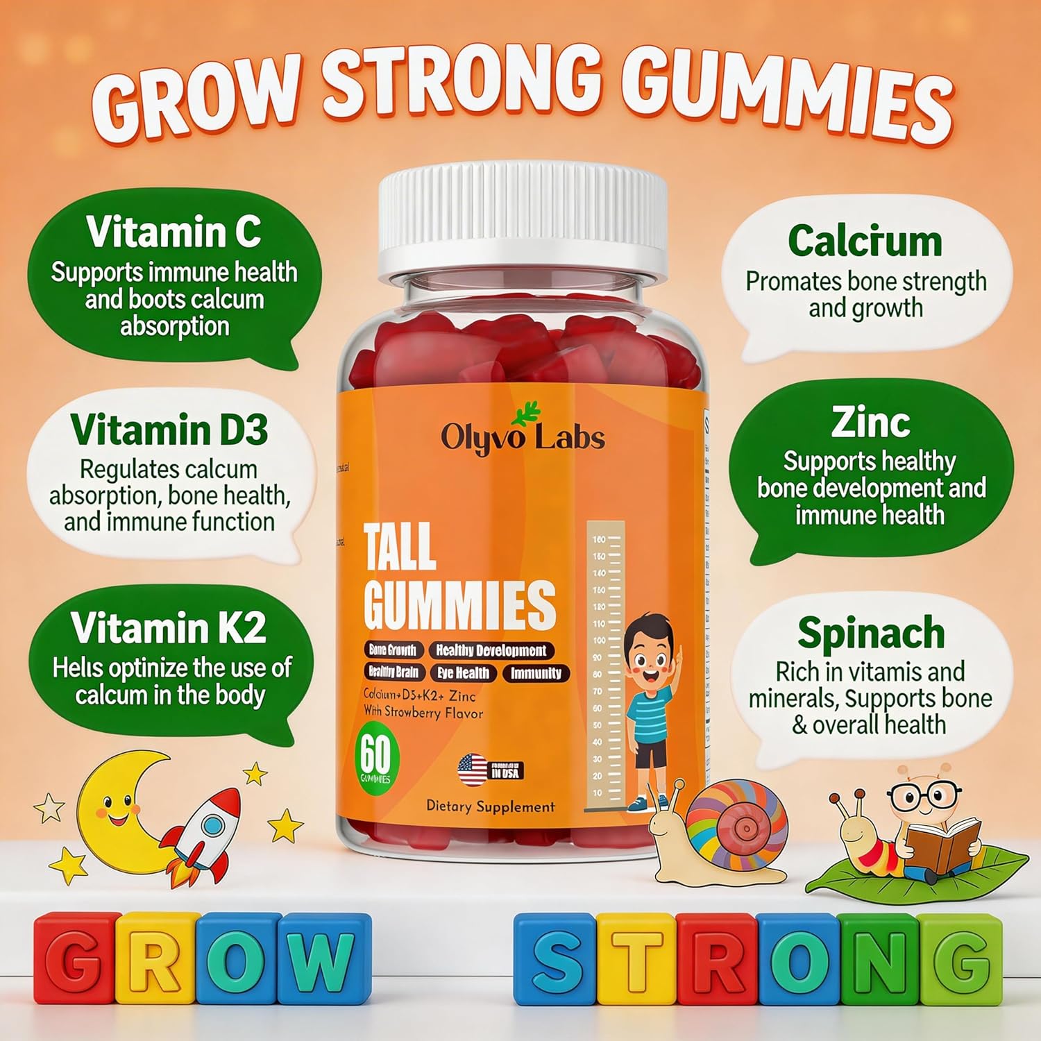 Tall Gummies for Kids Age 2+ & Teens- Tall Gummies with Calcium, Vitamin D3 + K2, Zinc, Magnesium, L-Arginine, Vitamin C for Teen Boys & Girls- Strawberry Flavour 60 Gummies