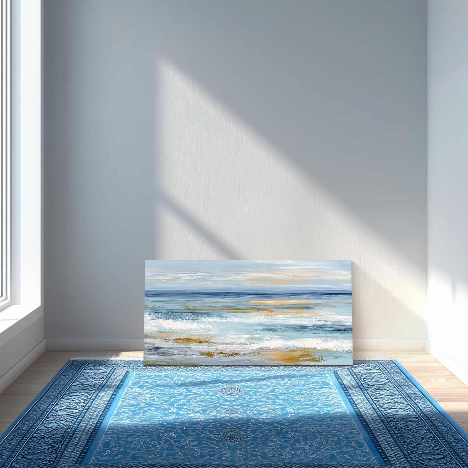 SLYCAY Large Abstract Coastal Canvas Wall Art, Gold Beach Sand Blue White Ocean Waves Modern Aesthetic Decor Minimalist Seascape Paintings Prints Hallway Bedroom Office Wall Decor 20"X40"