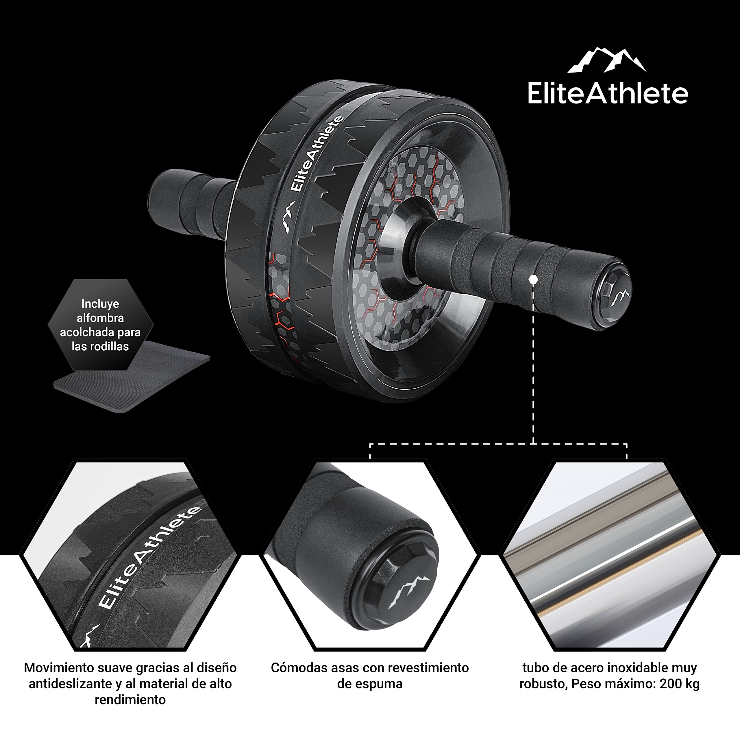 EliteAthlete AB Roller - Rodillo abdominal para entrenamiento abdominal para casa, abdominales y abdominales, incluye alfombrilla acolchada para rodillas