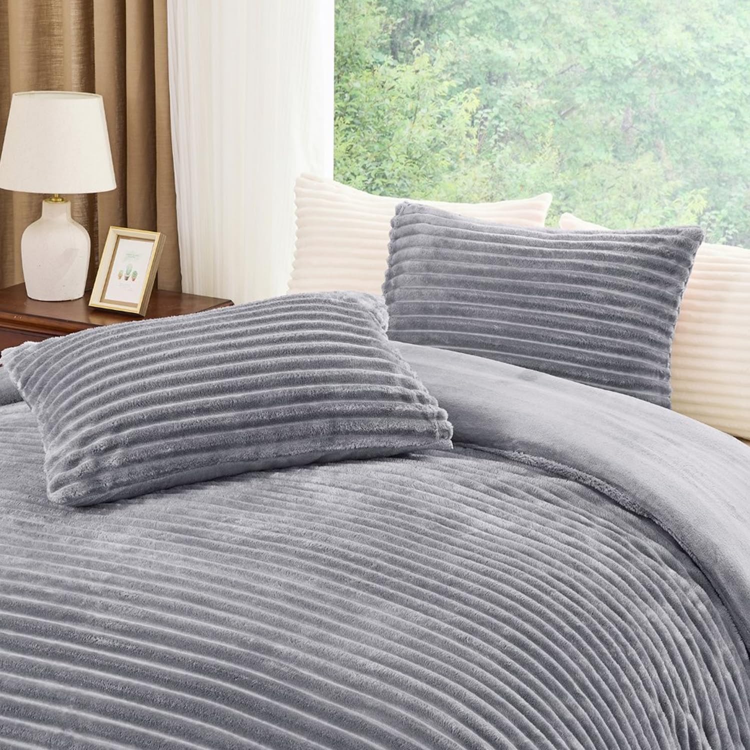 Brillars Ribbed Teddy Fleece Duvet Cover Set – Soft, Fluffy, and Warm Chunky Winter Bedding with Pillowcases, Easy-Care Luxury Quilt Covers (Grey, King) — image 1