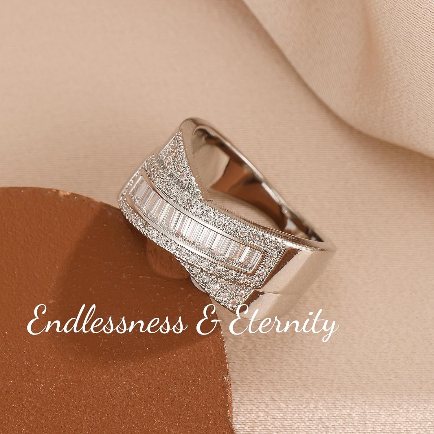 ENDLESSNESS & ETERNITY Baguette Criss-cross simulated diamond 14K Gold Plated Stackable Wedding Band Ring Cocktail Ring - Image 5