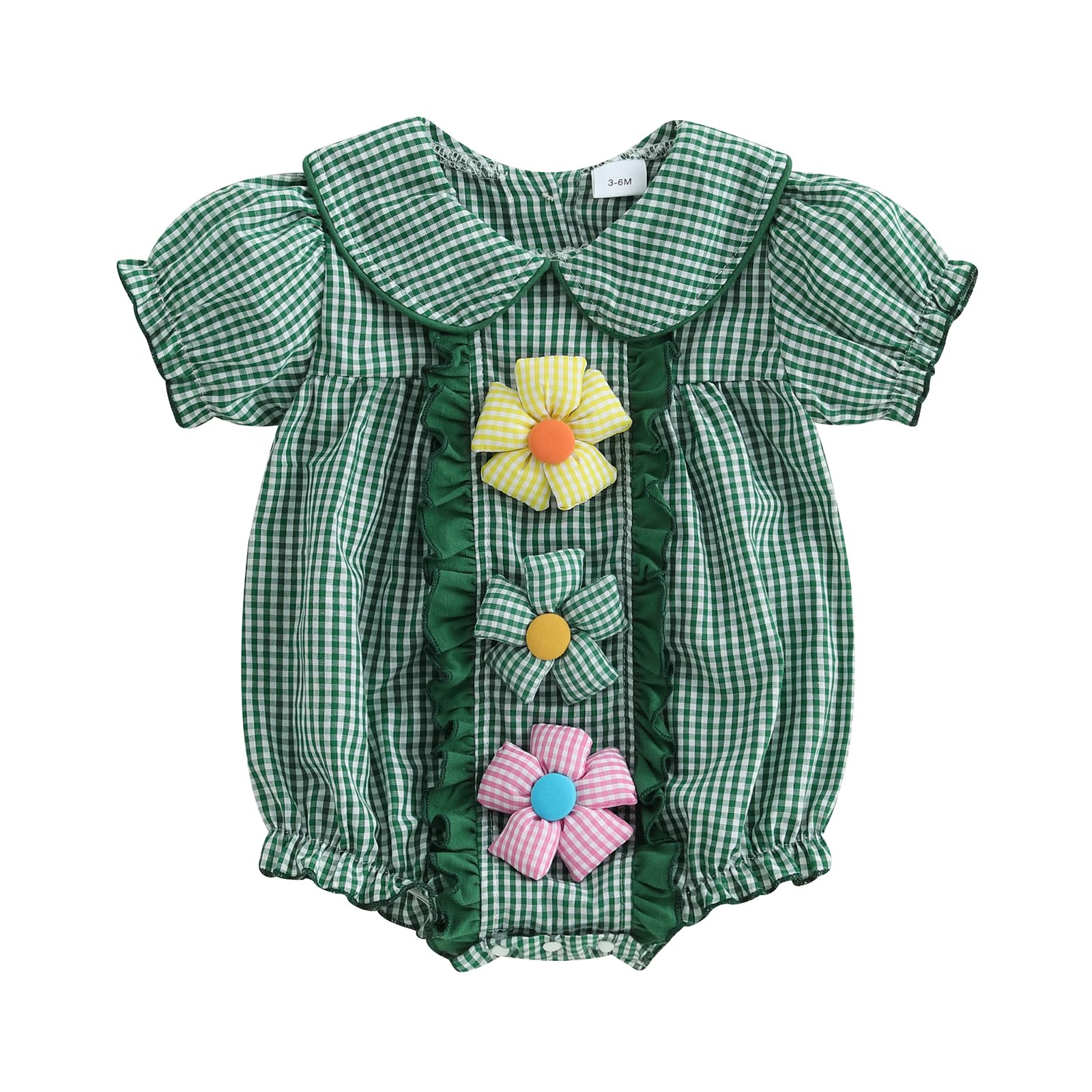 Baby Girls Doll Collar Rompers 3D Flower Decor Plaid Short Sleeve Infant Bodysuits Jumpsuits (Green, 18-24 Months)