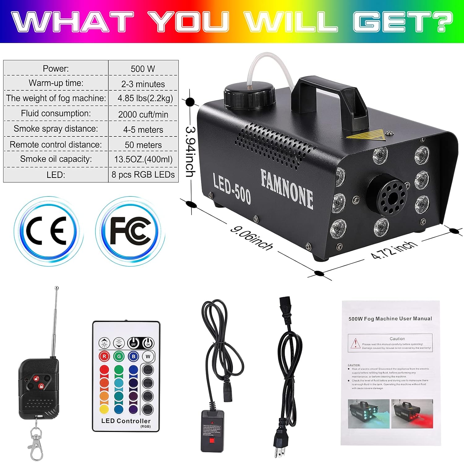 FAMNONE Fog Machine, 500W Stage Smoke Machine, Wireless Remote Control, 8pcs LED Party Lights 16 Colors Dimmable for Halloween, Wedding Stage Effects, Night Club, Bar Create Atmosphere : Musical Instruments