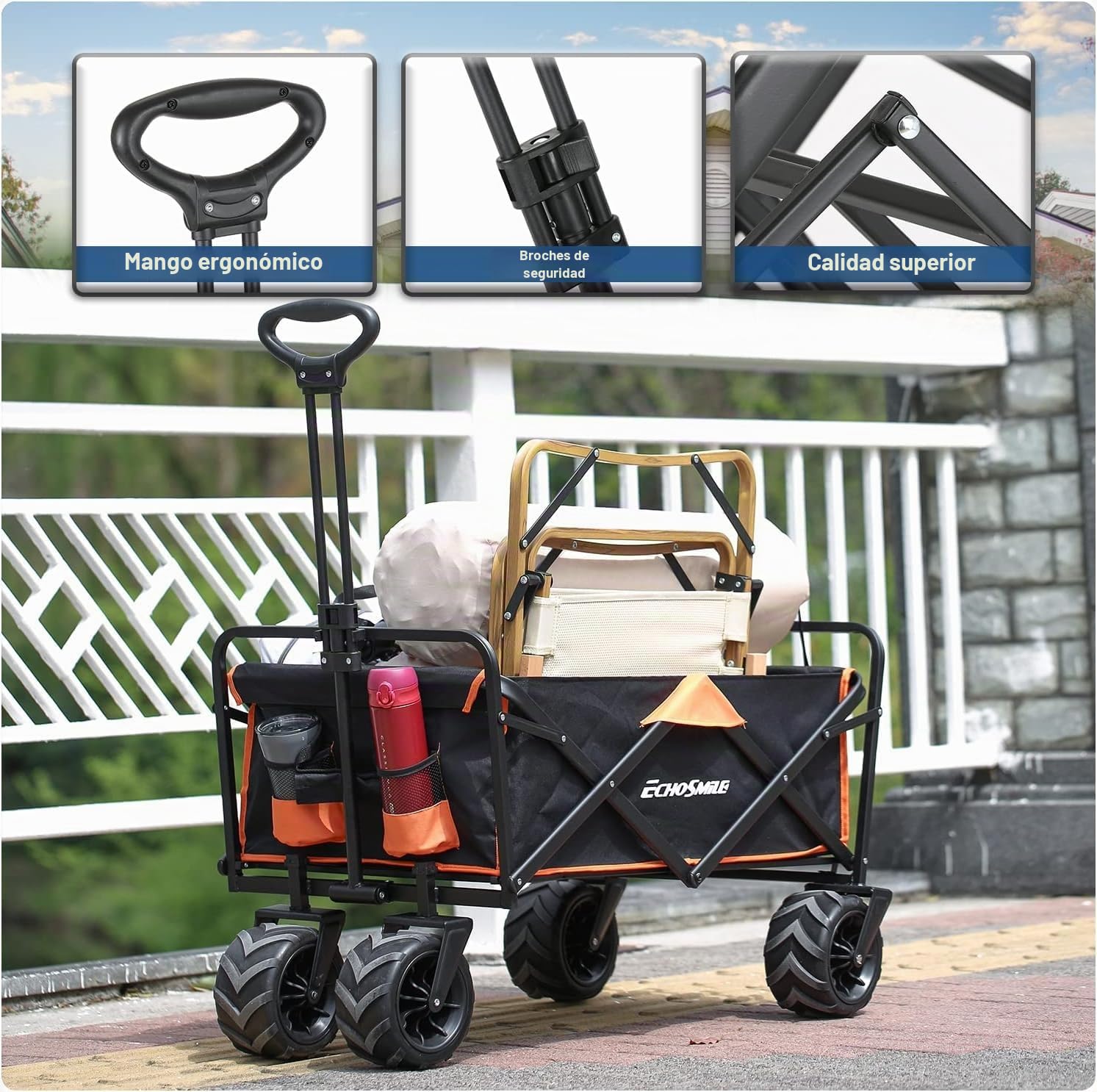 EchoSmile Carro Plegable 200L 160kg - Carrito con Ruedas Goma Maciza 360° Todo Terreno con Frenos, Asa Ergonómica, Carro de Playa Camping Jardín Compras