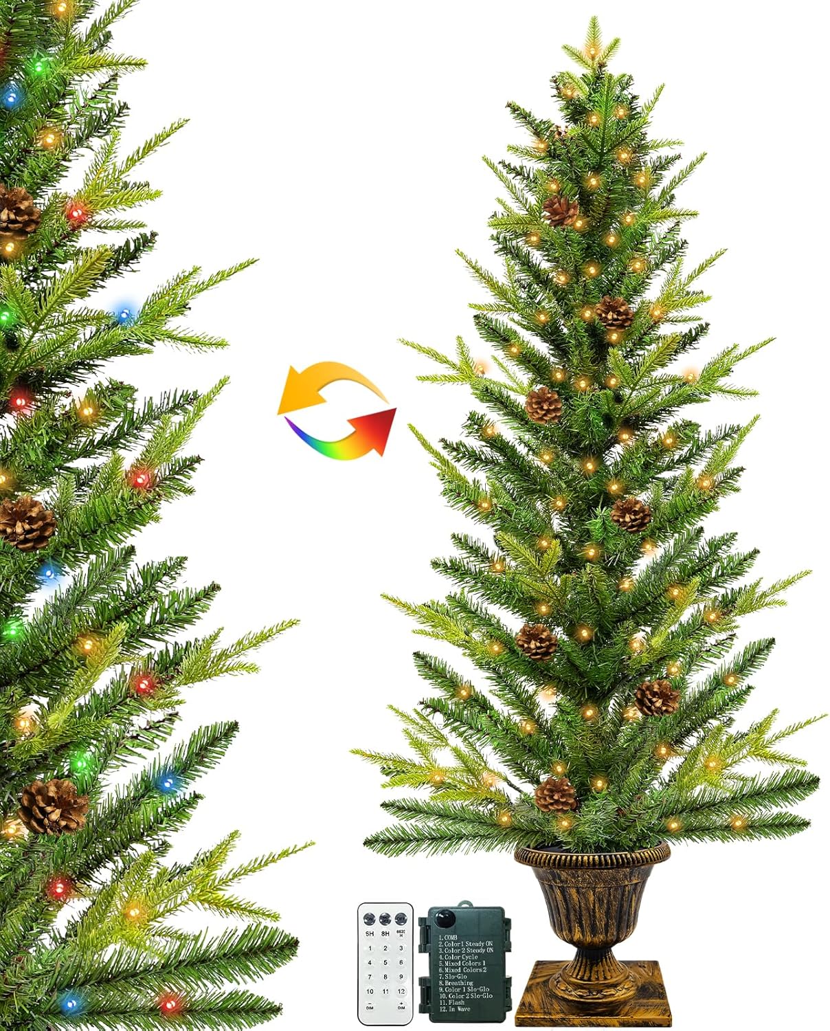 4 Ft Outdoor Artificial Potted Christmas Tree for Porch Realistic-Feel Norfolk PE&Classics PVC Mixed Tips, Fraser Fir, Warm White&Colored Change LEDs, Timer, Remote Battery Operated Xmas Tree Decor