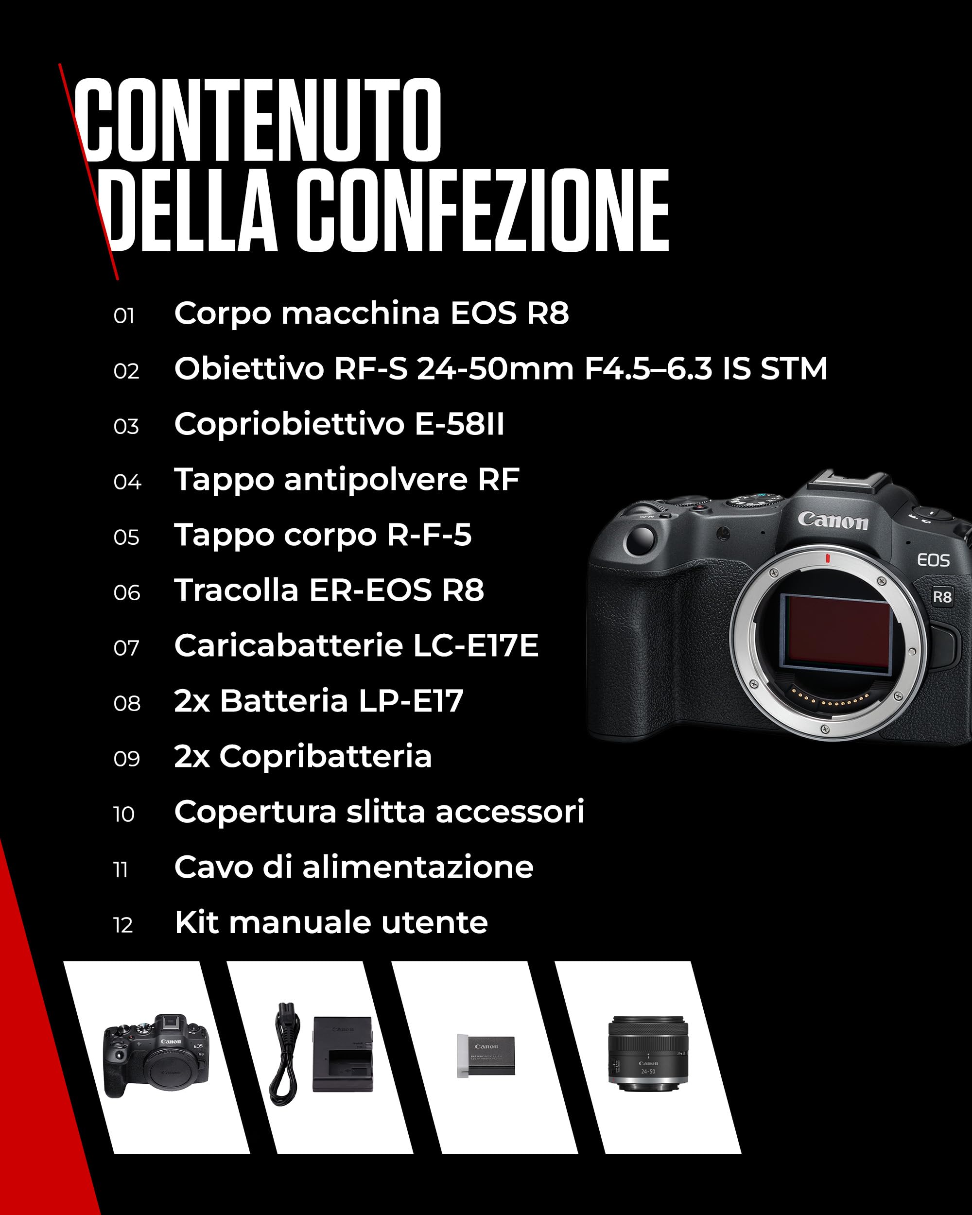 Canon EOS R8 + RF 24-50mm F4.5-6.3 + 2x Batterie (Kit Batteria Aggiuntiva) - Fotocamera Digitale Mirrorless - Sensore CMOS Full-Frame da 24,2 MP - Dual Pixel CMOS AF II - Composizione Integrata