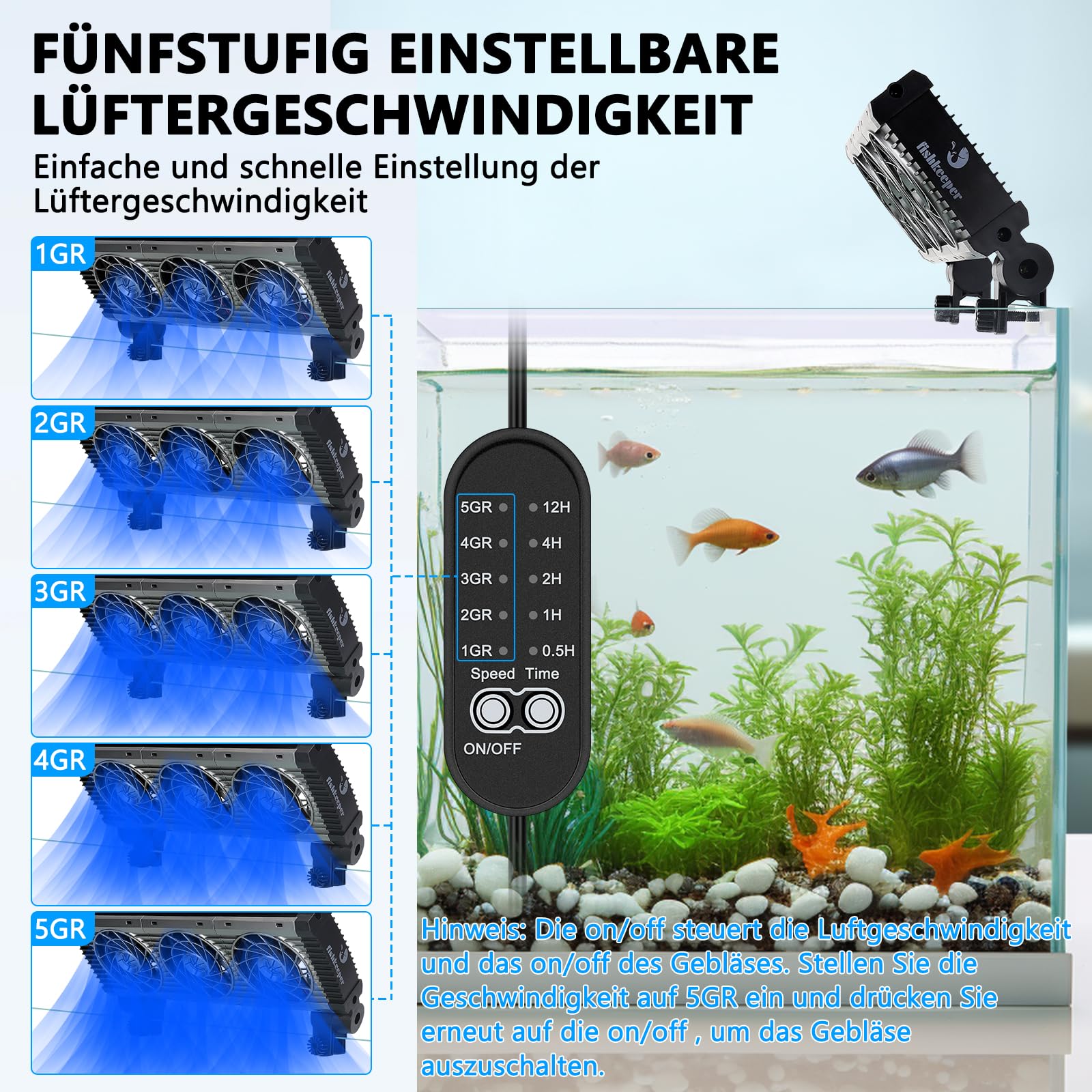 fishkeeper Ventilateur d'aquarium, Refroidisseur d'aquarium, Vitesse d'air réglable et minuterie, Ventilateur d'aquarium Silencieux pour Aquariums d'eau Douce et d'eau salée jusqu'à 60 cm