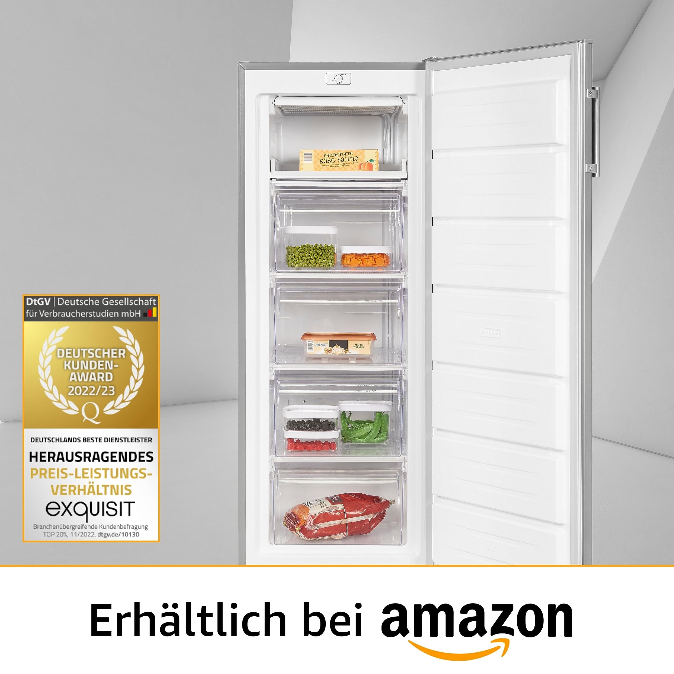 Exquisit GS230-H-040E Gefrierschrank Inoxlook - 168 L Tiefkühlschrank E | Großer 4 Sterne Standgefrierschrank mit 55 cm Breite, Edelstahloptik, 5 Gefrierschubladen, Rollen und 190 kWh/Jahr