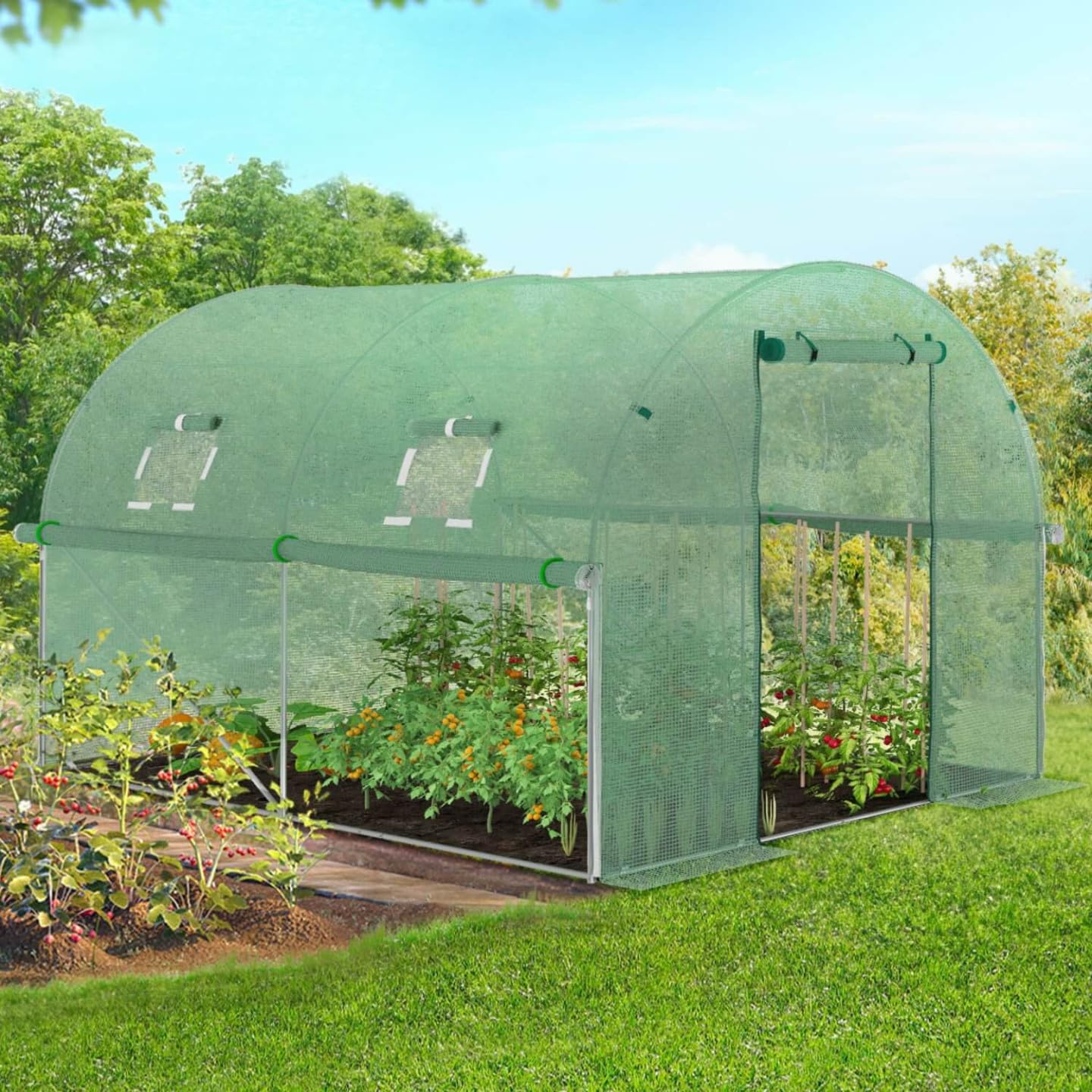 IDMarket - Serra da giardino a tunnel da 6 m², 3 x 2 x 2 m, in acciaio zincato + telo anti-UV con porta e finestre ROMA verde, per tutte le