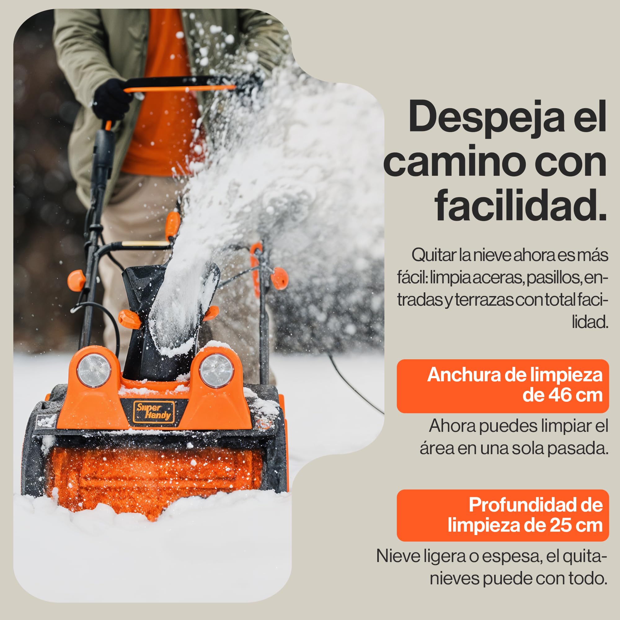 SuperHandy Quitanieves eléctrico con Cable, 46×25 cm, Alcance 7 m, Capacidad 320 kg/min, Faros LED, Ideal para entradas, aceras y Jardines