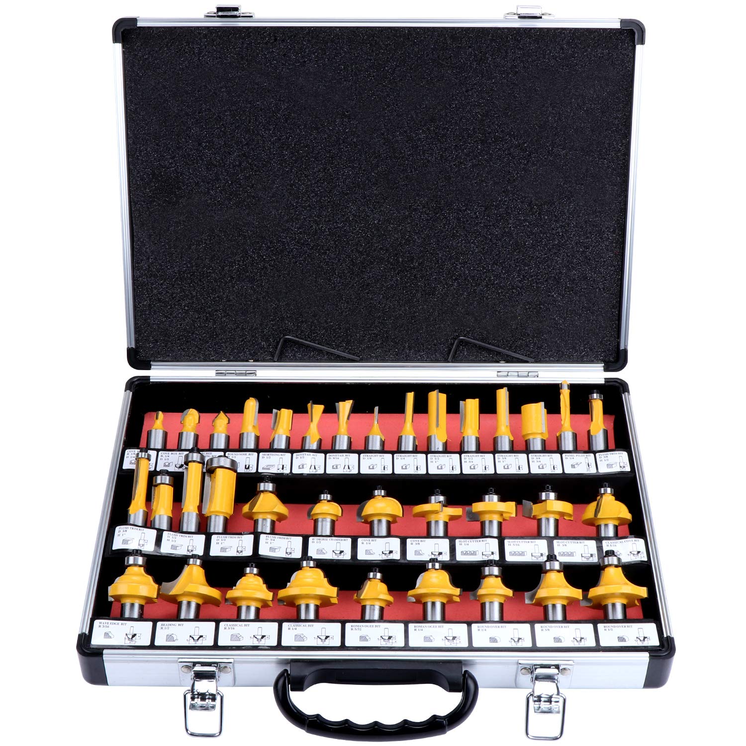 Faankiton Set 12 Punte Per Fresa Legno - Carburo Di Tungsteno - Gambo 6,35 Mm (1/4'') - In Custodia Legno - Per CNC E Frese A Mano