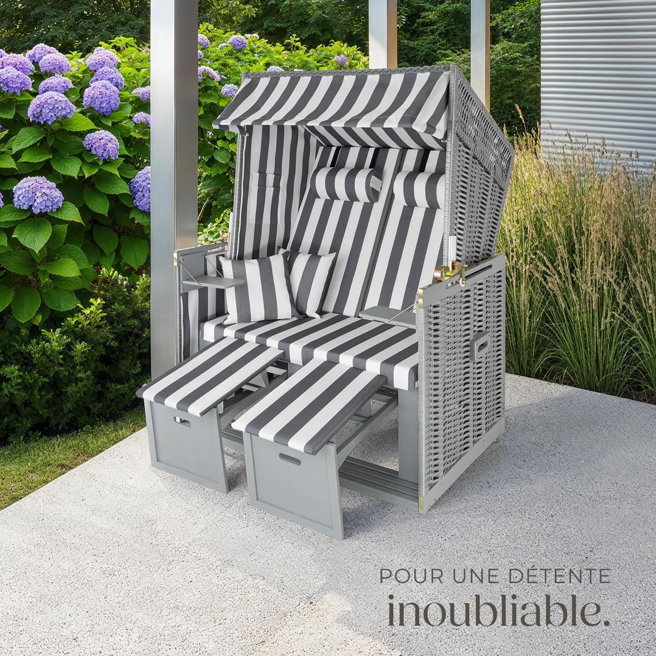 tectake® Corbeille de Plage Cabine de Plage Fauteuil Relax Chaise Longue de Plage 2 Places avec Pare Soleil, Repose Pied Housse de Protection, 2 Coussins Amenagement Balcon Terrasse Mer Plage Jardin