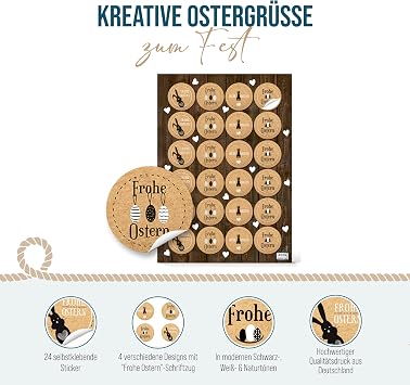 Logbuch-Verlag Round Brown Black White Natural Easter Sticker Easter Bunny with Heart Happy Easter Text Self-Adhesive Labels Easter Sticker