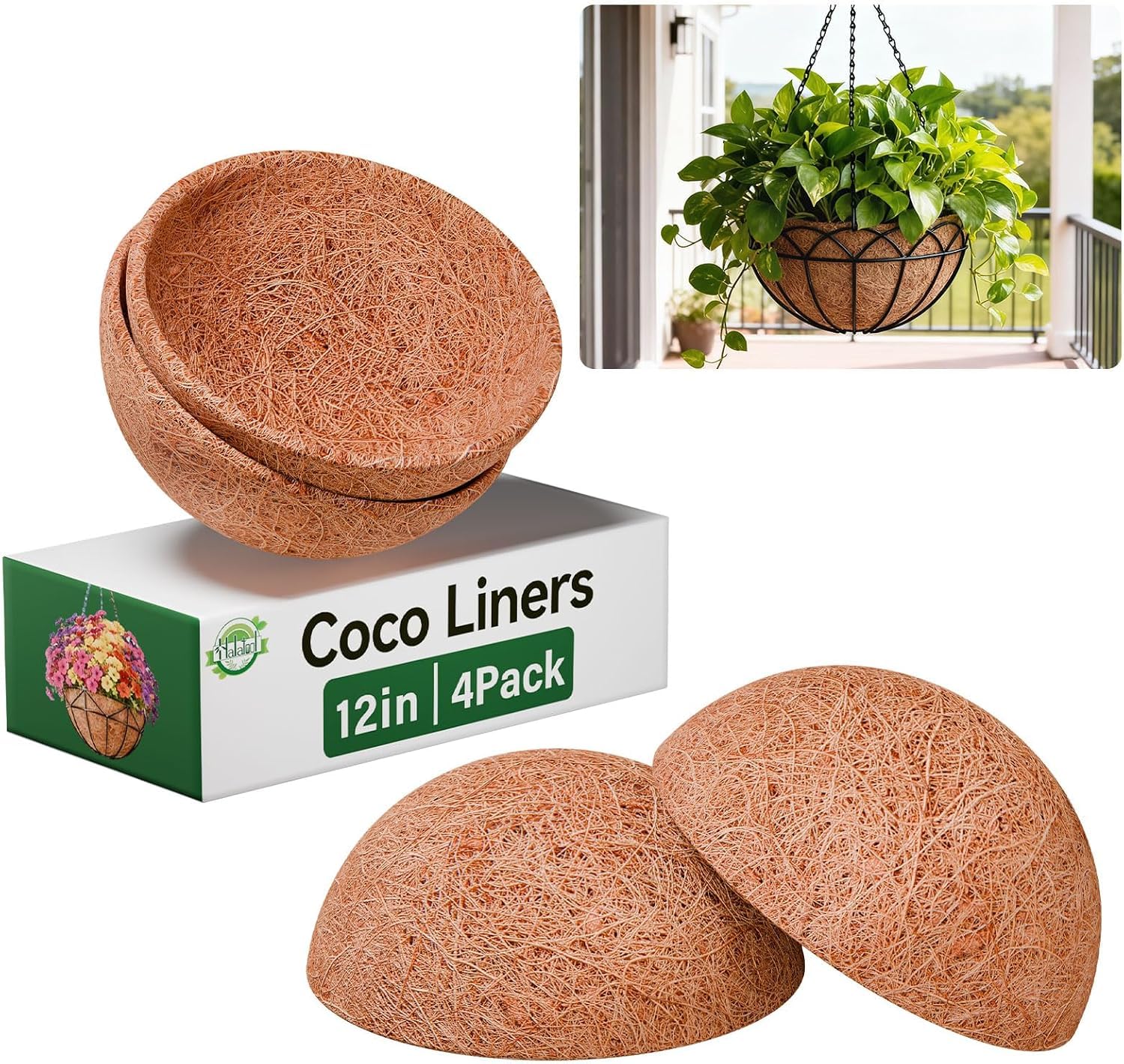 Halatool 4 Pack 14 Inch Hanging Basket Coco Liners Replacement, Round Coconut Liners for Planters Baskets, Made of 100% Natural Coco Fiber for Flowers Vegetables Garden, Drainage & Retain Moisture
