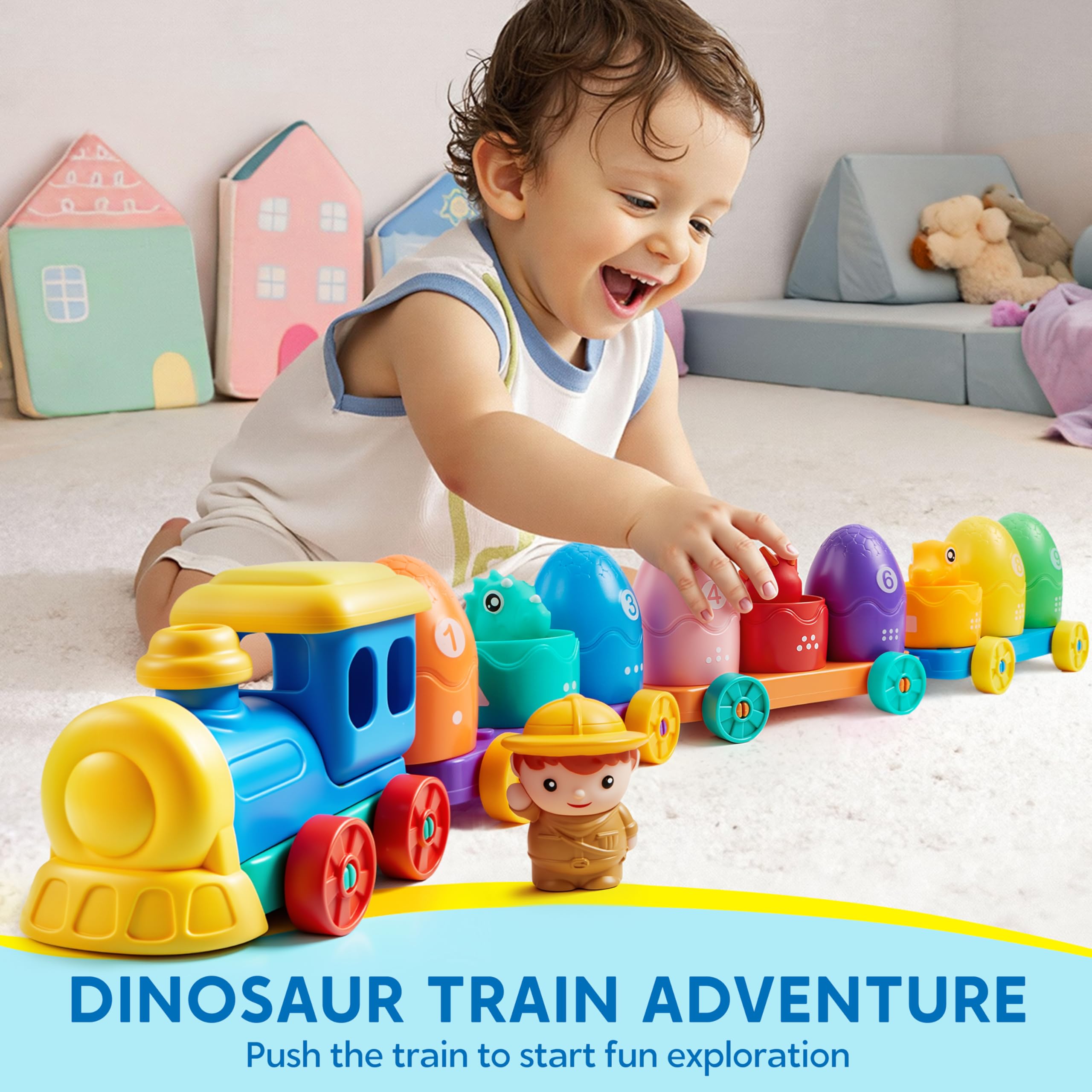 Play-Act Zabawka edukacyjna dla małych dzieci w wieku 1-2-3 lat, liczenie, dopasowywanie i sortowanie Montessori do nauki dinozaurów, w tym 9 dinozaurów, prezent urodzinowy dla chłopców i dziewczynek