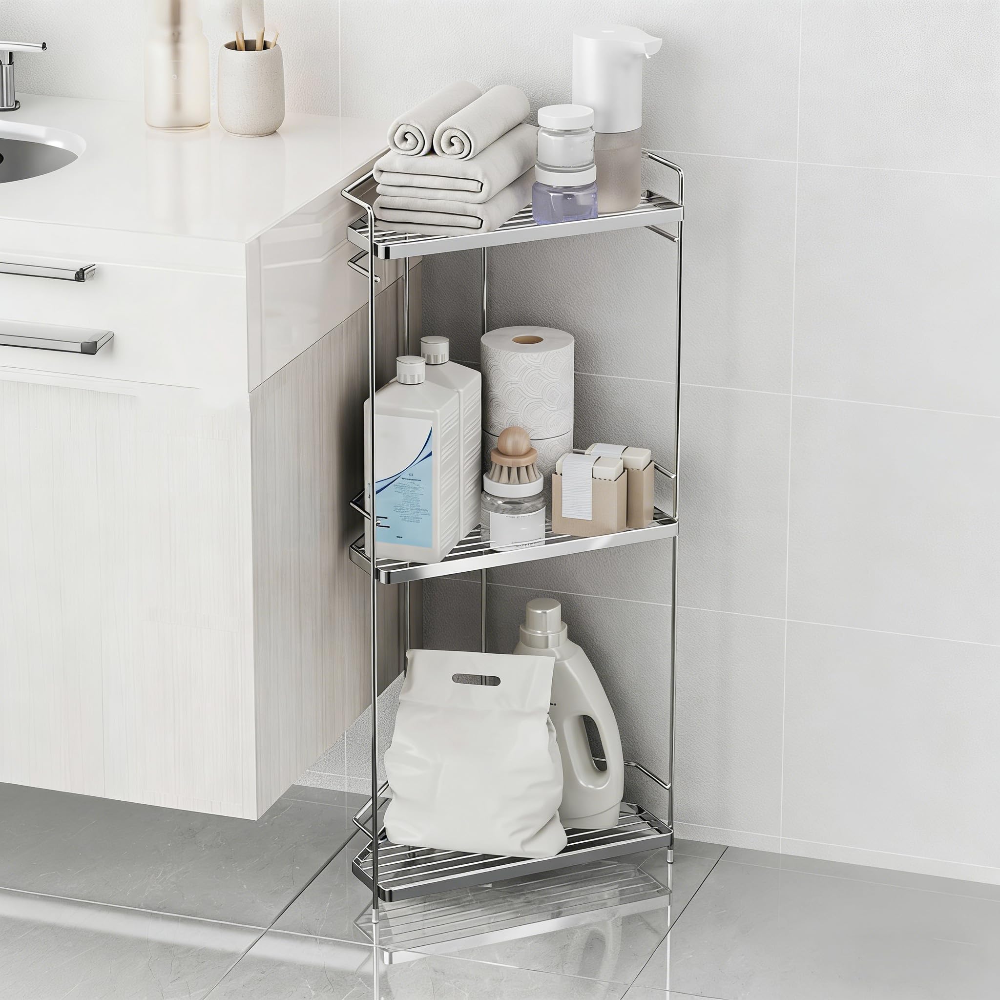 Estante De Ducha Sin Taladrar, Estante De Ducha De Esquina De Pie, Organizador Baño, Soporte Shampoo Chuveiro Acero Inoxidable, Doble Función (de Pie Y De Pared), Para Bañera Baño Y Coci(Size:3 Tiers)