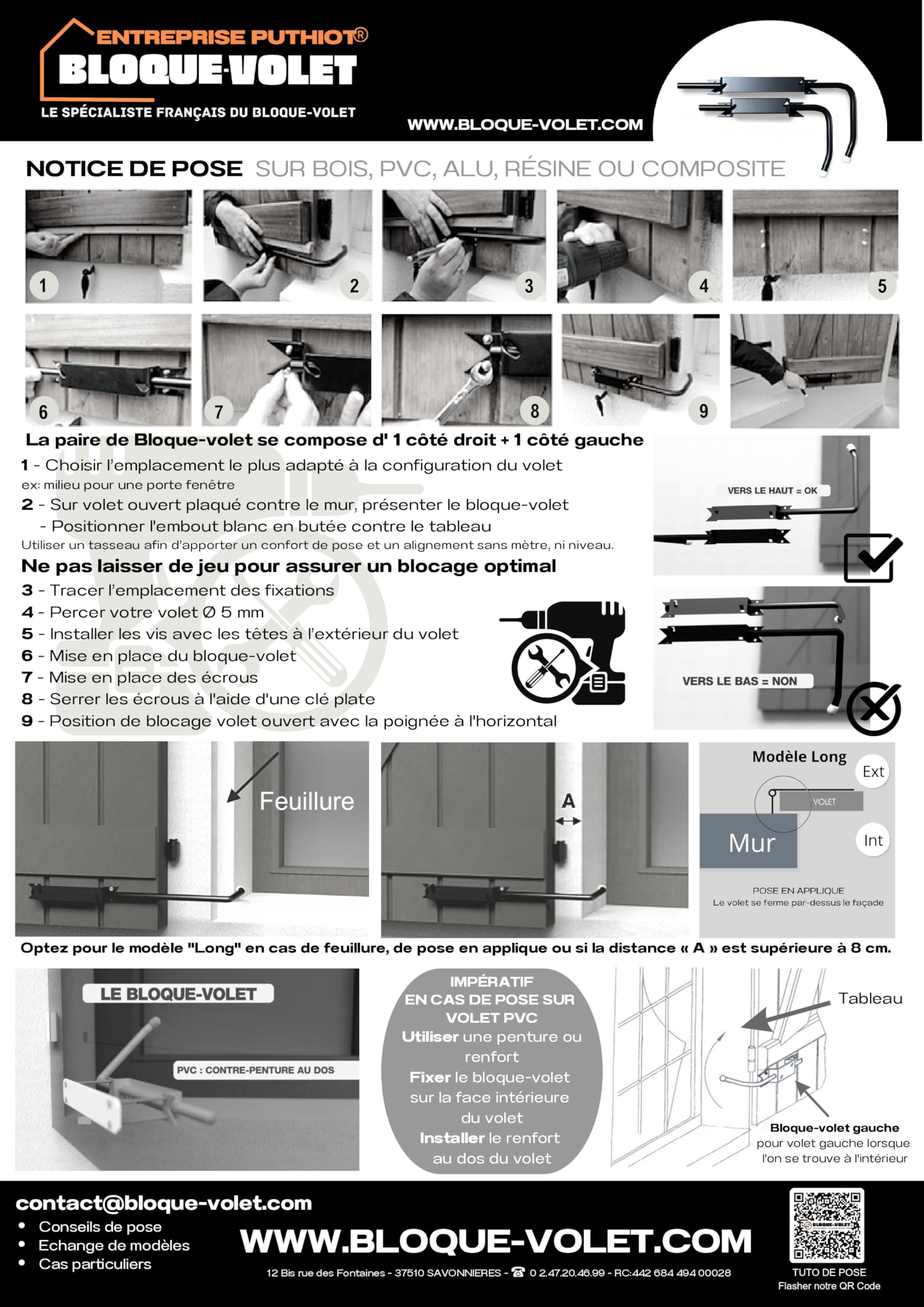 BLOQUE VOLET GAUCHE NOIR: Arrêt de volet avec poignée pour ouvrir et fermer facilement tous volets battants sans se pencher. Blocage des volets ouverts. Facilité et sécurité au quotidien. Côté gauche vue de l'intérieur. Volet ouvrant sur la gauche
