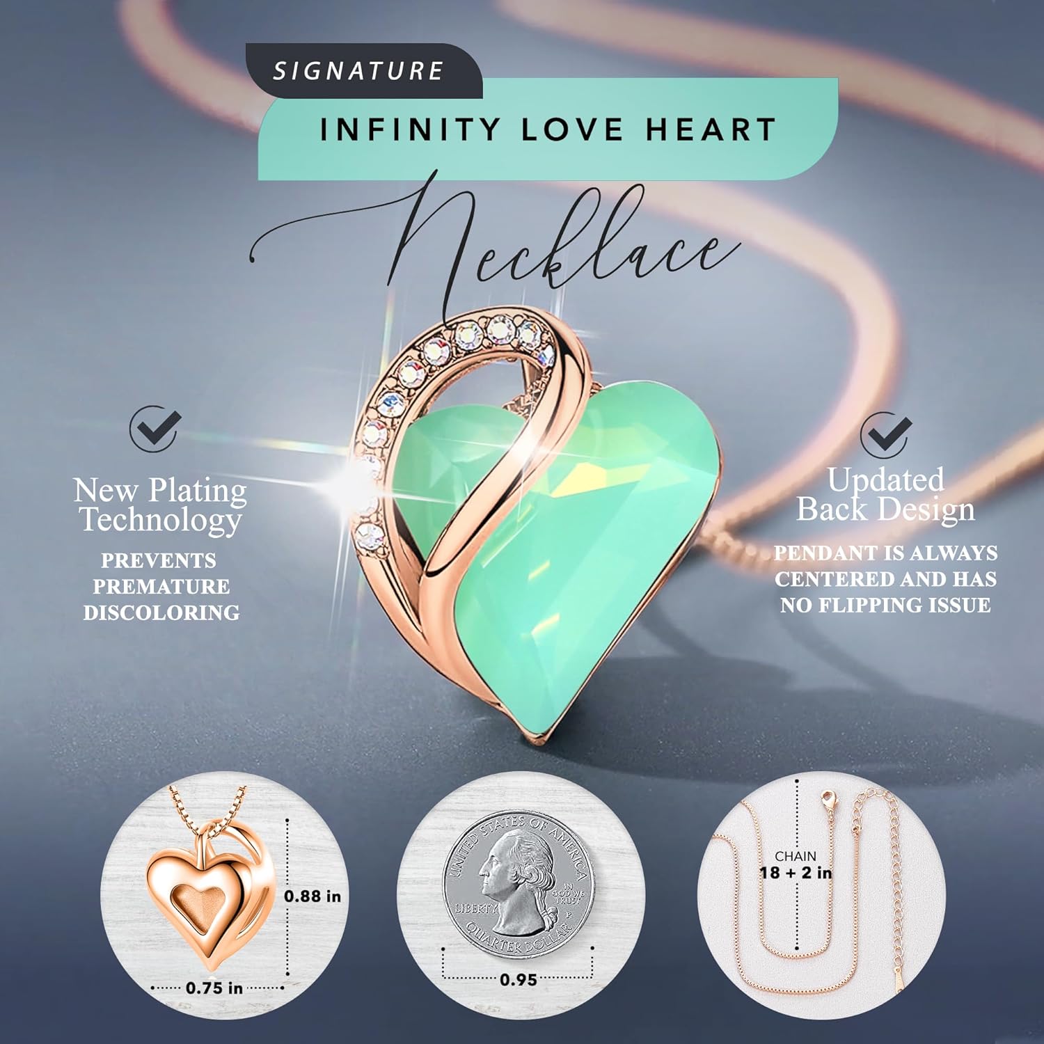 Leafael Rose Gold Plated Necklace for Women: Heart Shaped Birthstone/Healing Crystals Center, Dazzling Cubic Zirconia, Hypoallergenic Chain (18"+2"), Jewelry Gifts for Anniversaries and Birthdays - Image 4