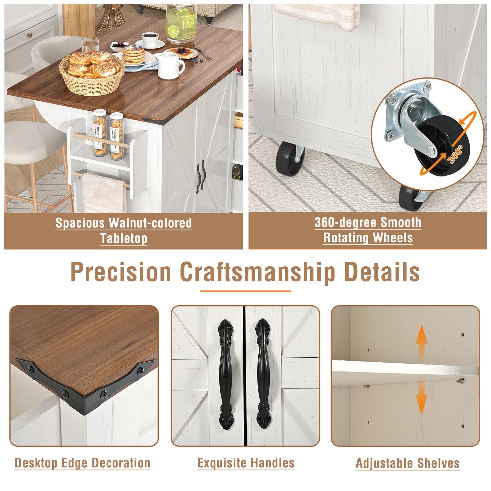 Desserte Ilot de Cuisine sur roulettes, Meuble de Cuisine avec Plans de Travail Rabattable, Desserte desserte de Cuisine Multi Rangements avec 2 Tiroirs et 2 Portes, 120x45-73x92.5 cm, Beige