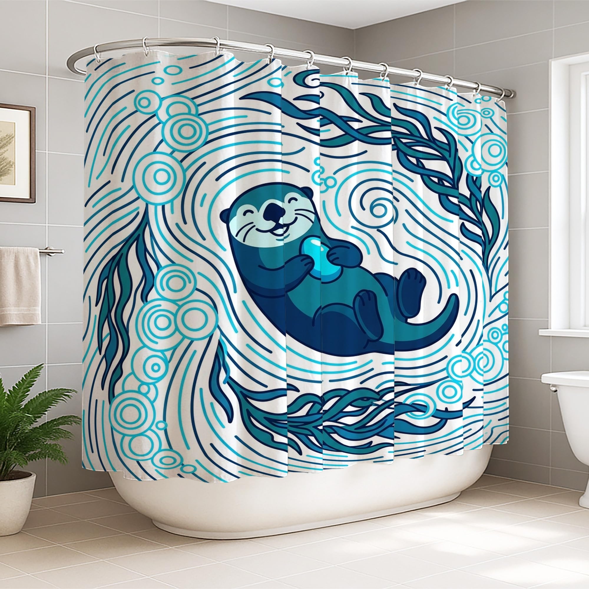 Rideau de douche loutre bleu sarcelle idéal pour relooker une salle de bain d'amis moderne